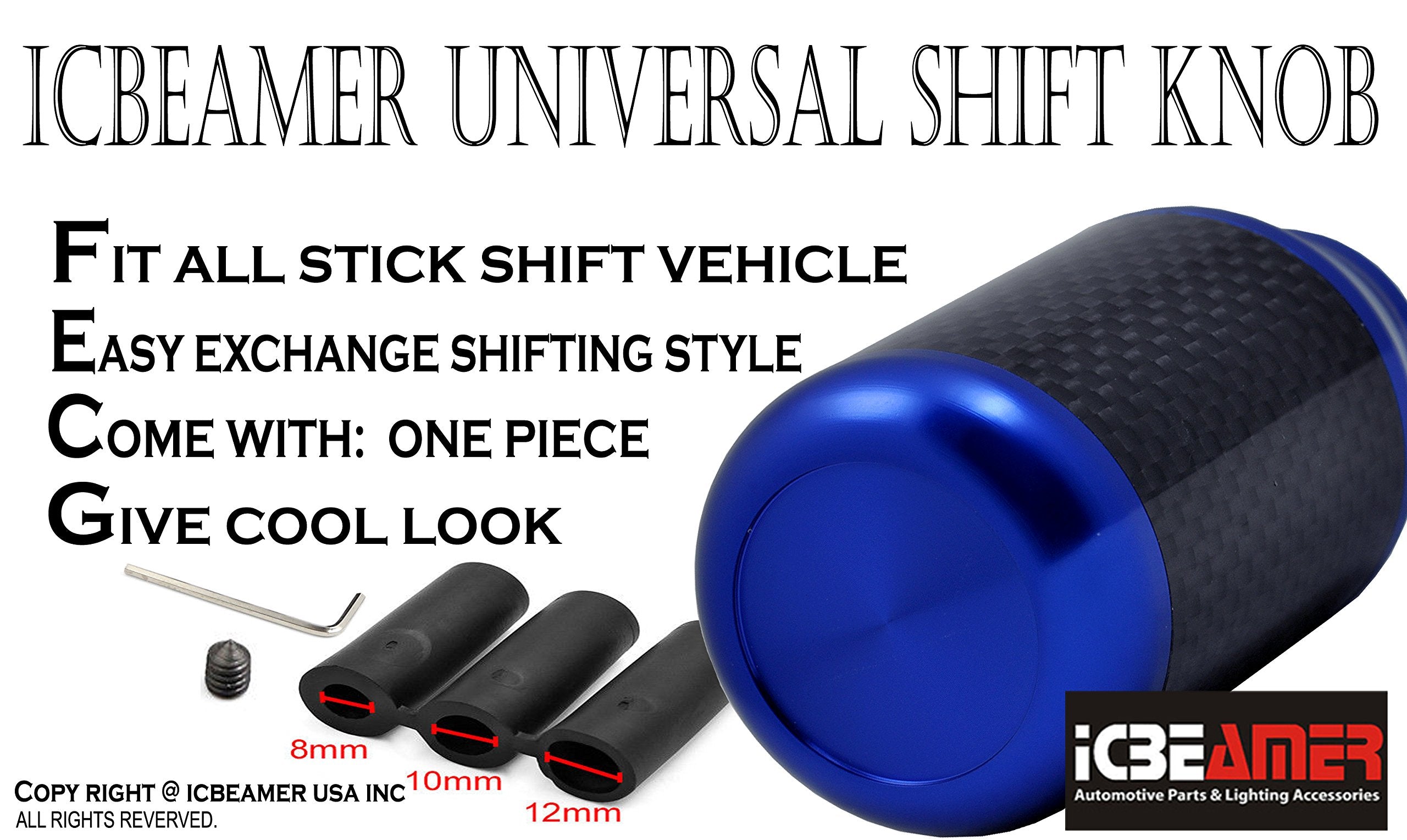 Icbeamer Blue Aluminum W/Carbon Fiber 2.5'' Shift Knob, Fit Automatic And 4, 5 And 6 Speed Manual Transmission Vehicles, Interio