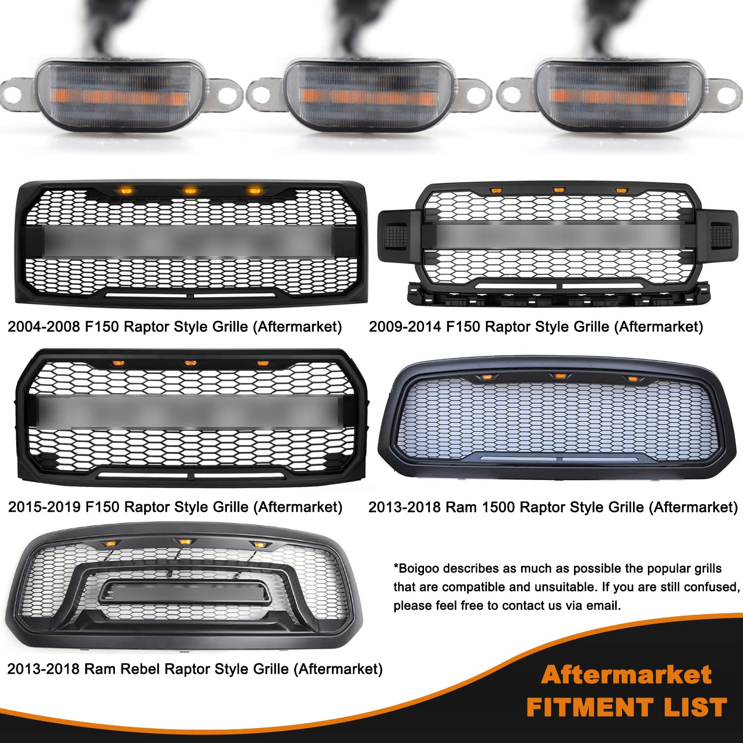 Boigoo Front Grille Lights Compatible For Ford F-150 Raptor 2004-2019 & Dodge Ram 1500 2013-2018 Aftermarket Grilles, Auto Grid Decorative Led (Blue Light Smoked Lens)