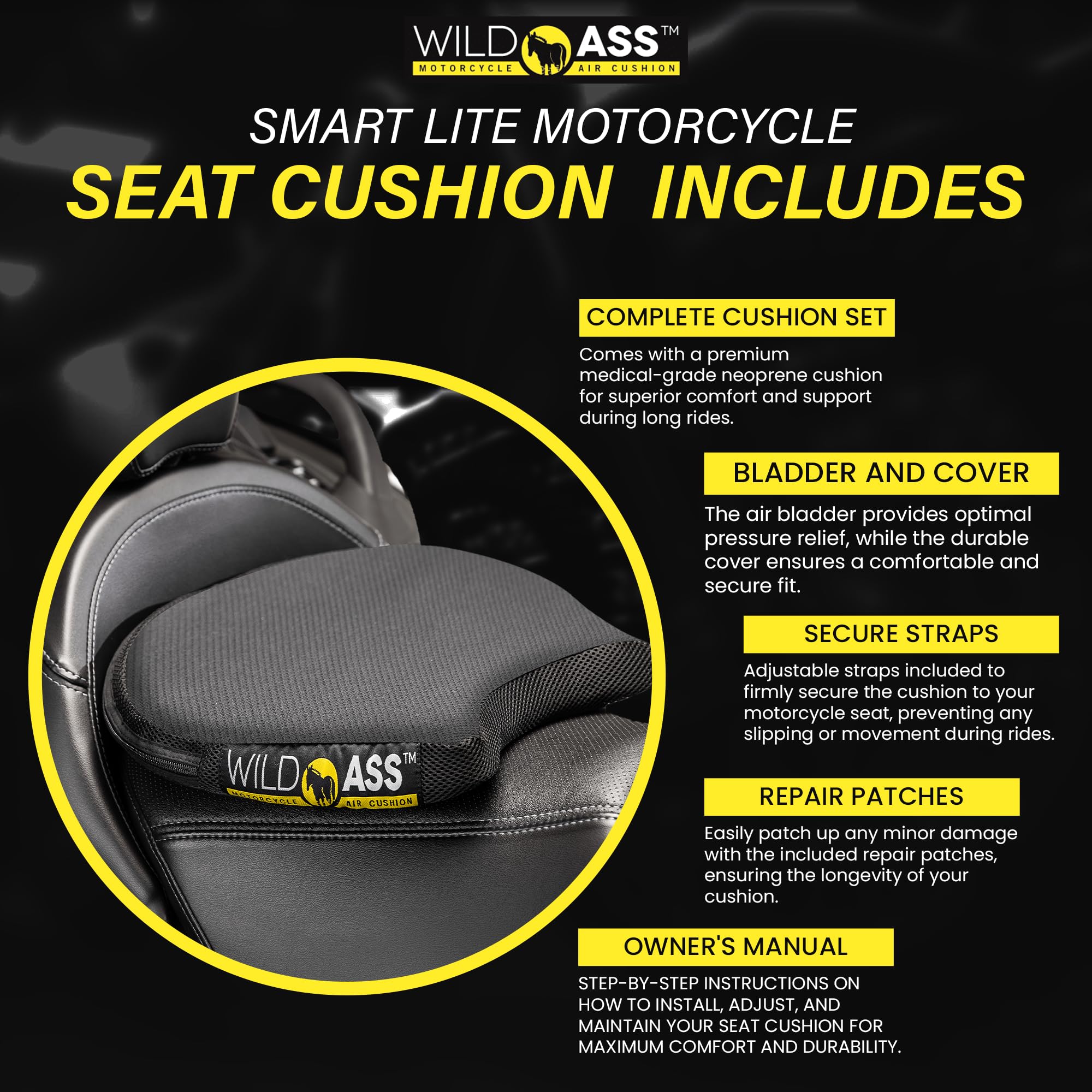 Wild Ass Motorcycle Air Gel Smart-Lite Pad - Ergonomic Universal Fitting Air Adjusting Cushion with Straps - Ultimate Rider Comf