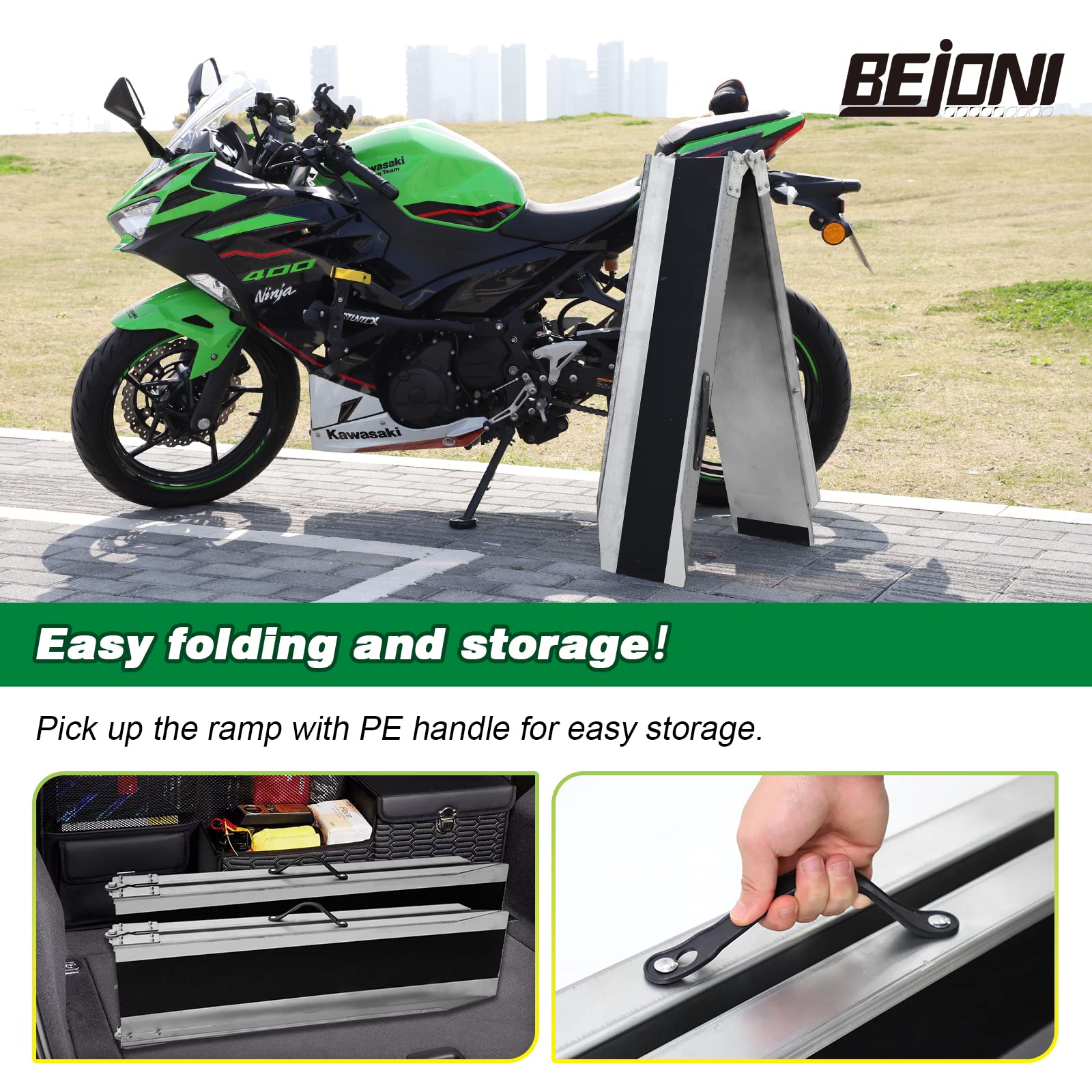 BEJONI 70.8'' L x 9'' W Folding Loading Ramp, 600 Lbs Capacity, Portable Mower Ramp with Handle, Tailgate Ramp with Non-Skid Sur