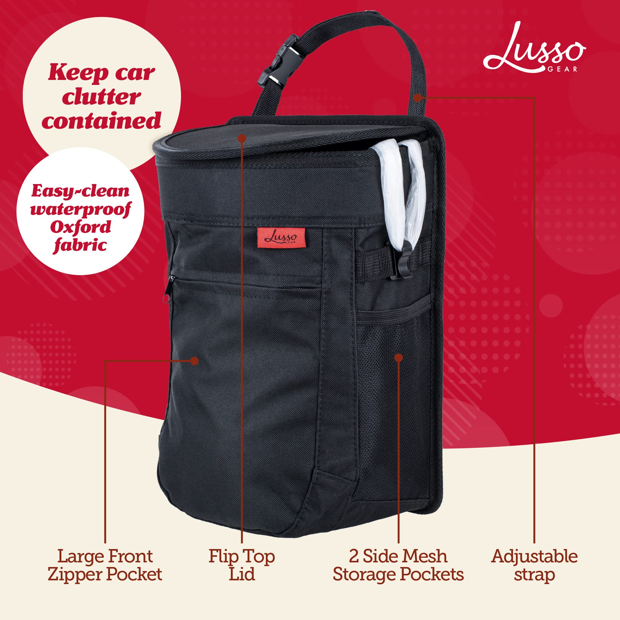 Lusso Gear Spill-Proof Car Trash Can 2.5 Gallon - Easy-To-Clean Hanging Garbage Bin - Leak-Proof Lid, Removable Liner, Waterproo