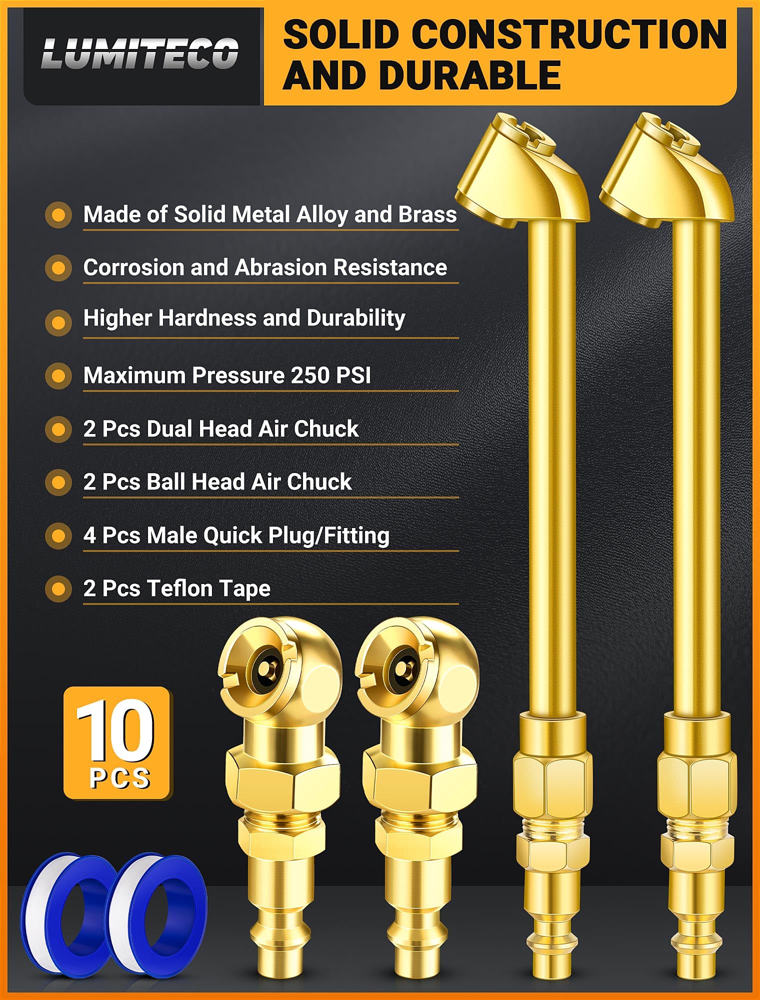 LUMITECO 2 Pack Heavy Duty Air Chuck Set-1/4 Inch Female NPT Closed Ball tire Chuck, Dual Head Air Chuck and Standard Male Quick