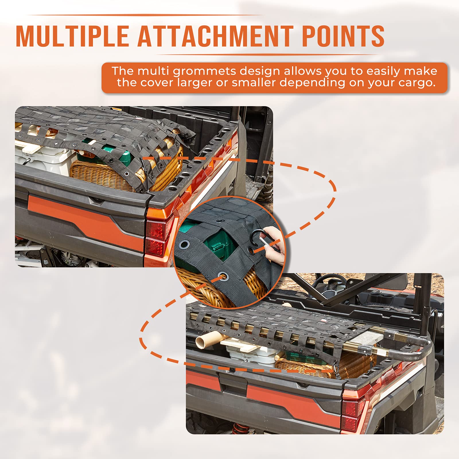 Kemimoto Heavy Duty UTV Cargo Net Stretchable UTV Roof Rack Bed Rail Cargo Bungee Netting with Straps Compatible with Polaris Ranger General Can am Defender Commander Maverick- 47' L 27' W