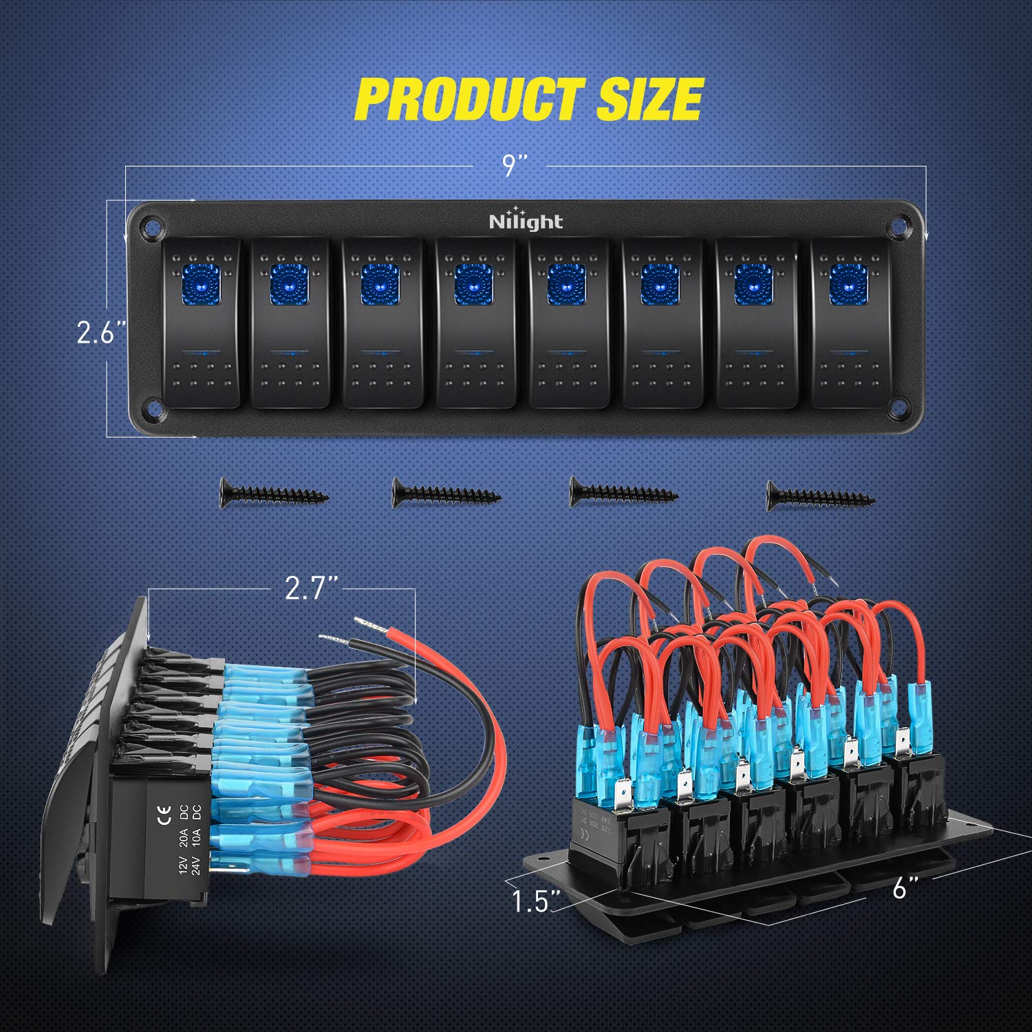 Nilight 8 Gang Aluminum Rocker Switch Panel Toggle Dash 5 Pin On/Off Pre-Wired Rocker Switch Blue Backlit Switch For Automotive