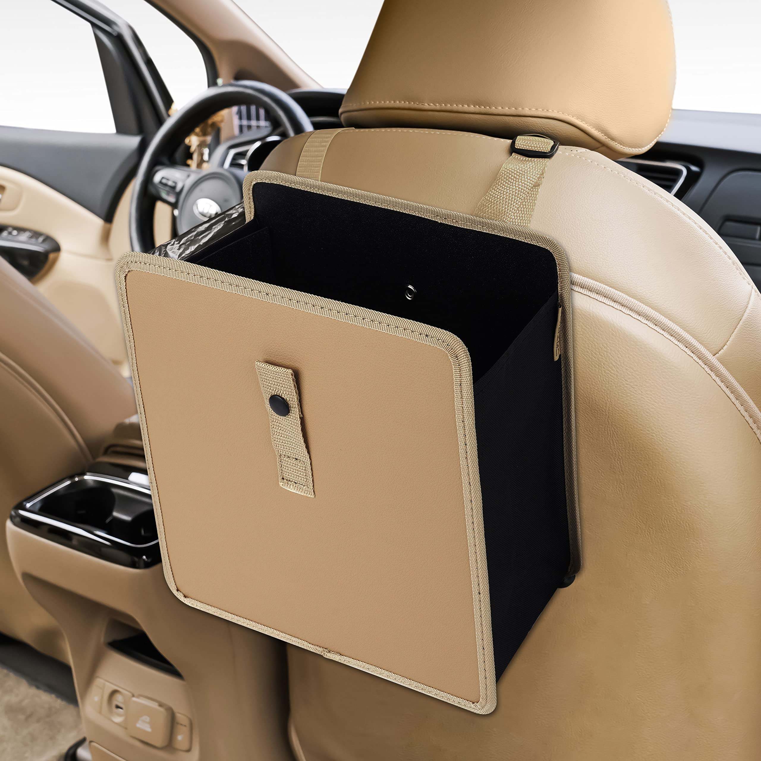 Kmmotors Jopps Premium Car Trash Can - Foldable Bin With Strap, Pu Leather & Oxford, Waterproof, Space-Saving, Simple Modern Des