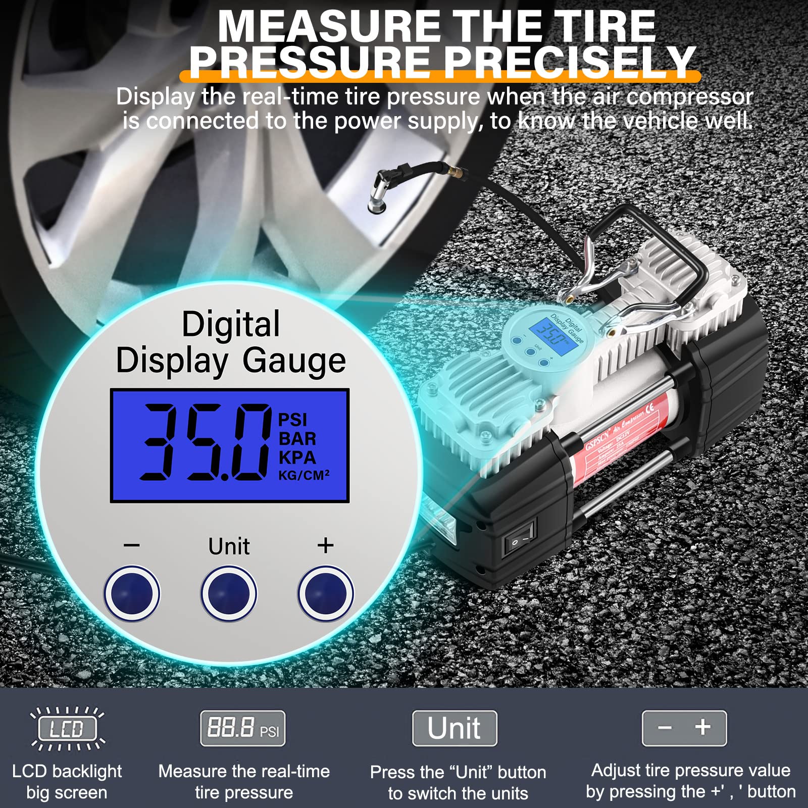 Gspscn Portable 12V Air Compressor Pump Digital Display Tire Inflator With Led Flashlight, Heavy Duty Dual Cylinder Tire Pump 15