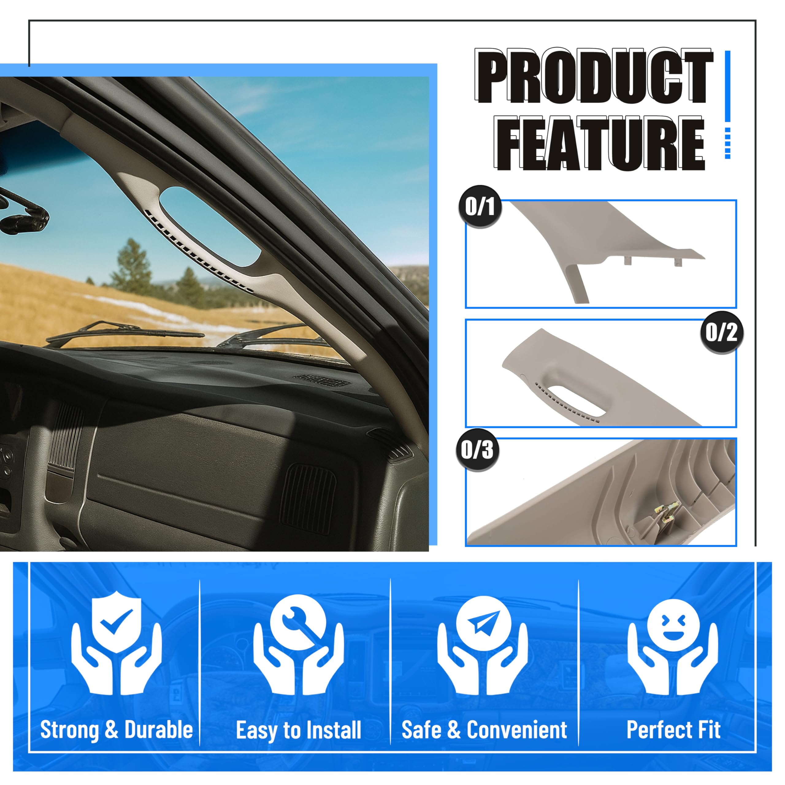 ECOTRIC Pair Grab Handle A Pillar Windshield Post Trim Molding Compatible with 2002-2010 Dodge Ram Left and Right for Pickup (Yo