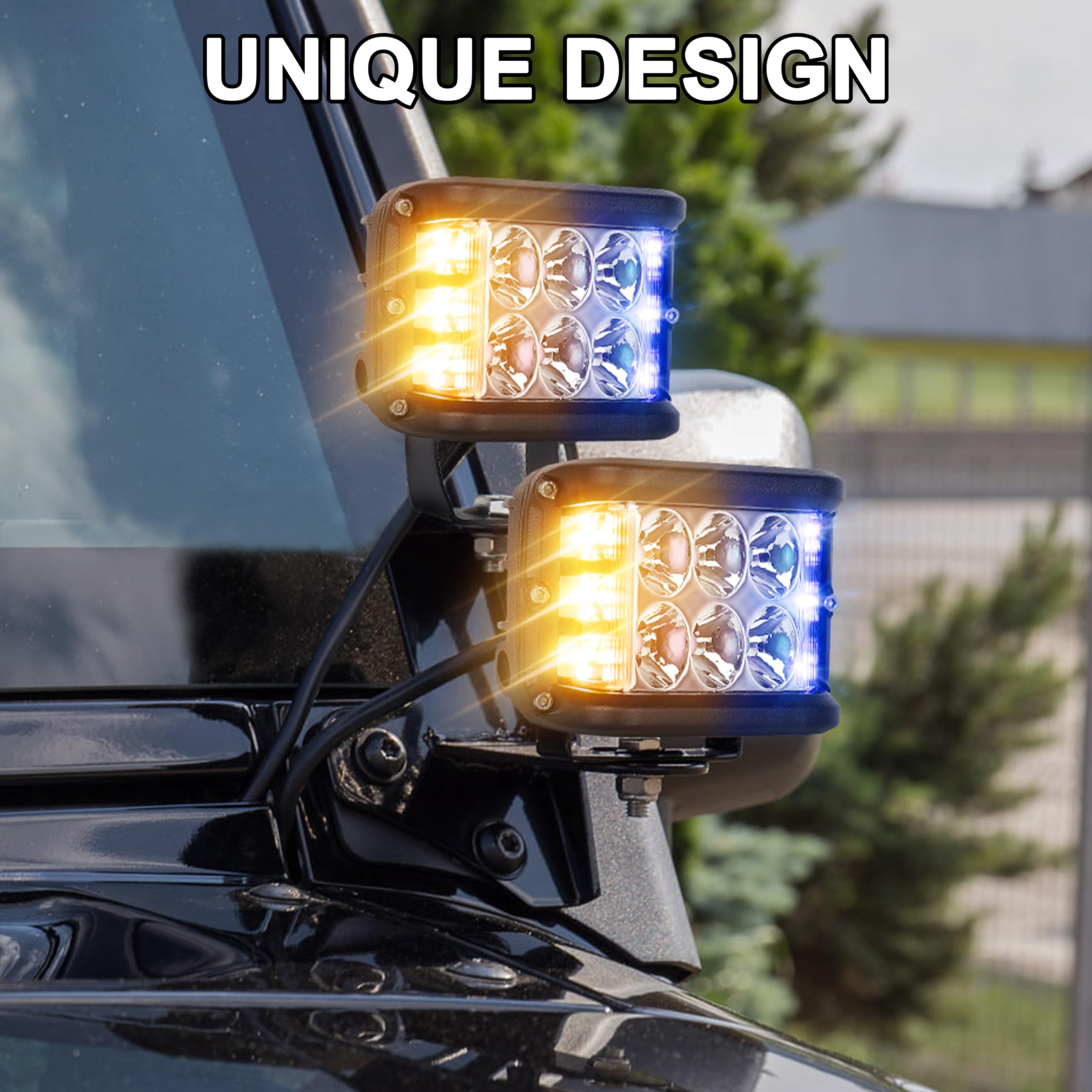 Hoyuza 4 Inch Led Pod Lights, Side Shooter Led Lights With Yellow& Blue Dual Color Strobe Led Cubes For Farm Tractor Plow Truck Atv Utv 4X4
