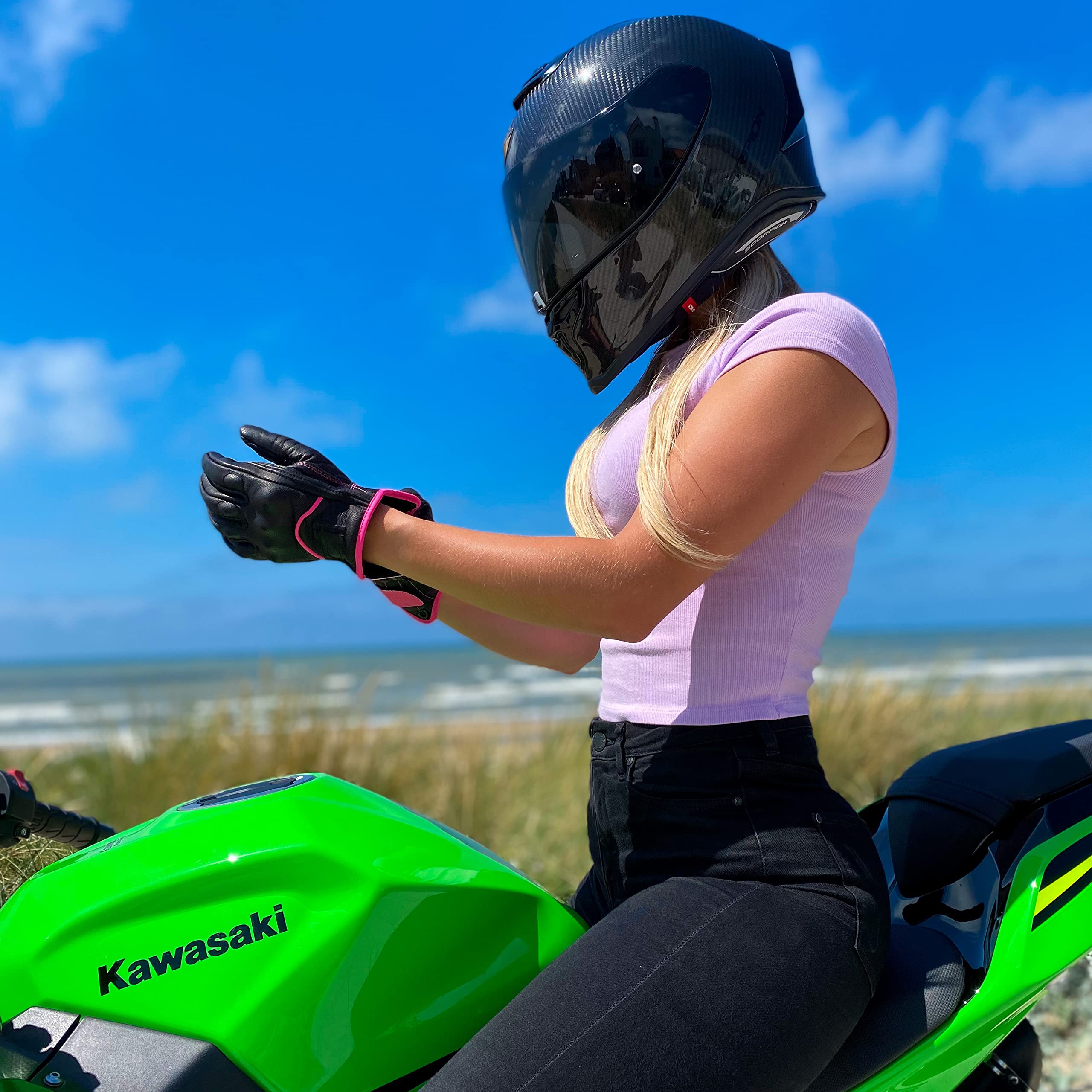 Harssidanzar Womens Full Finger Goatskin Leather Touchscreen Motorcycle Gloves Gl016,Pinkblack,Size L