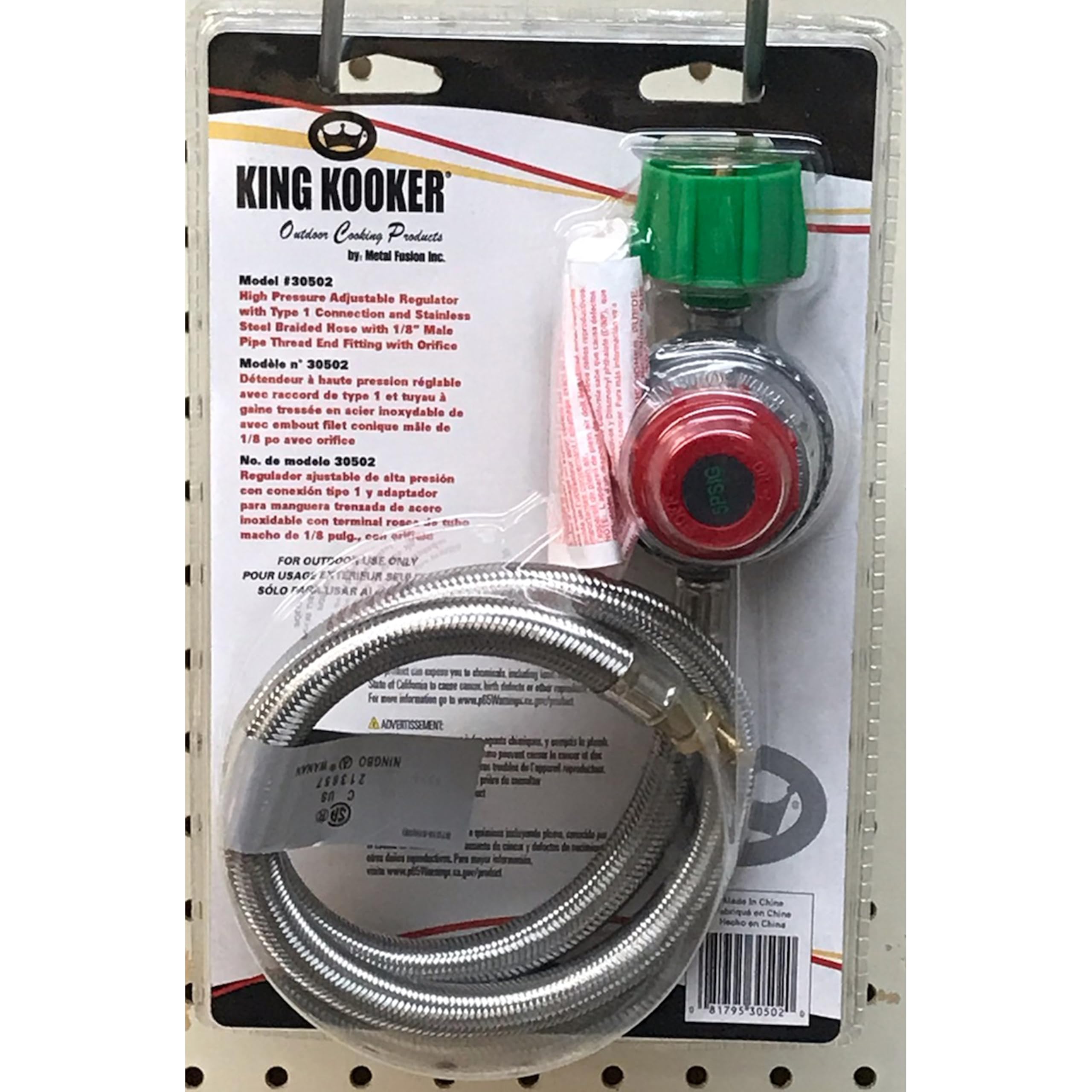 King Kooker 30502 High Pressure Adjustable Regulator with Type 1 Connection and Stainless Steel Braided Hose with 1/8-Inch Male