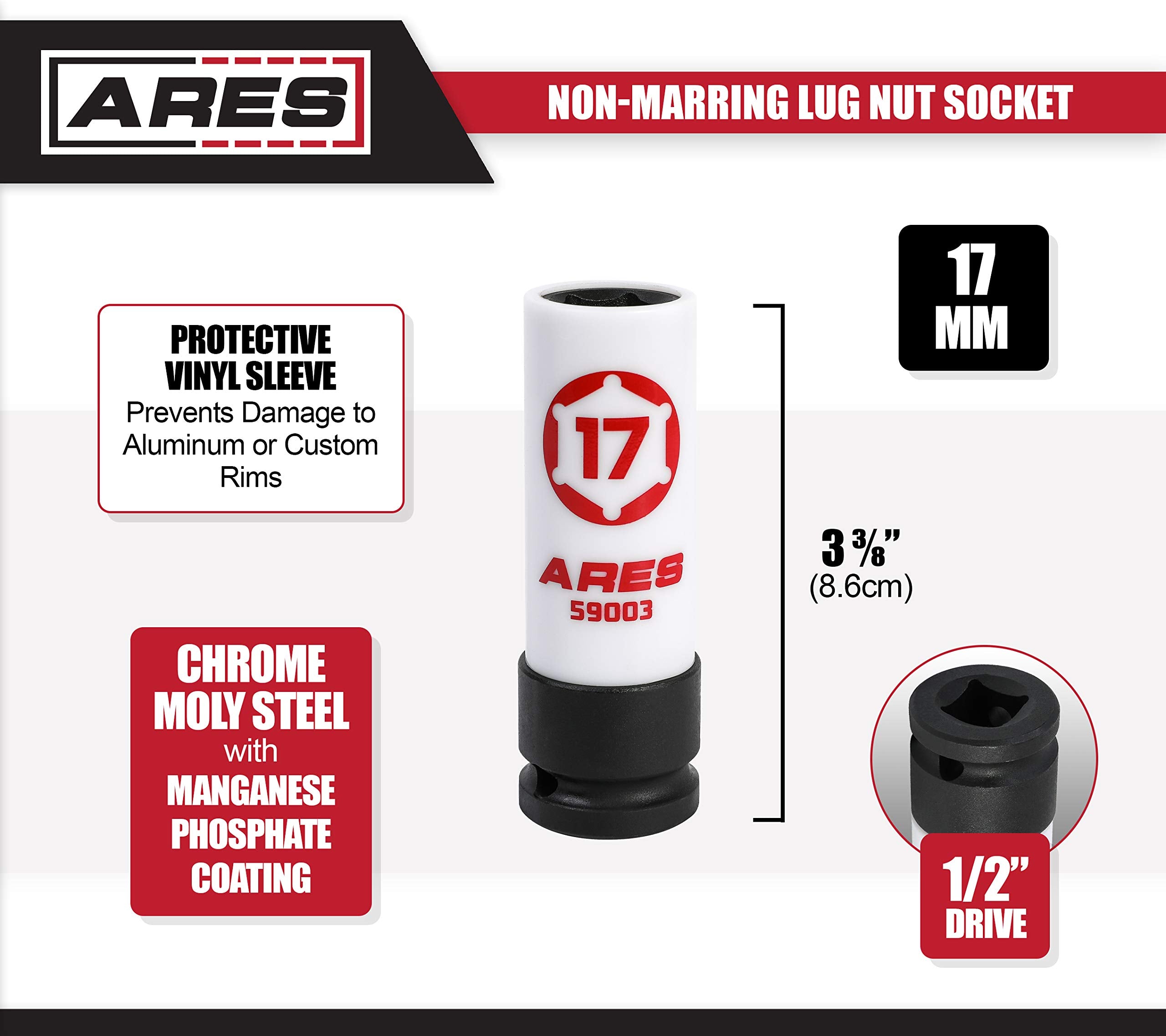 ARES 59003-17mm 1/2-Inch Drive Non-Marring Impact Lug Nut Socket - Protective Sleeve Prevents Damage to Custom Rims & Lug Nuts -