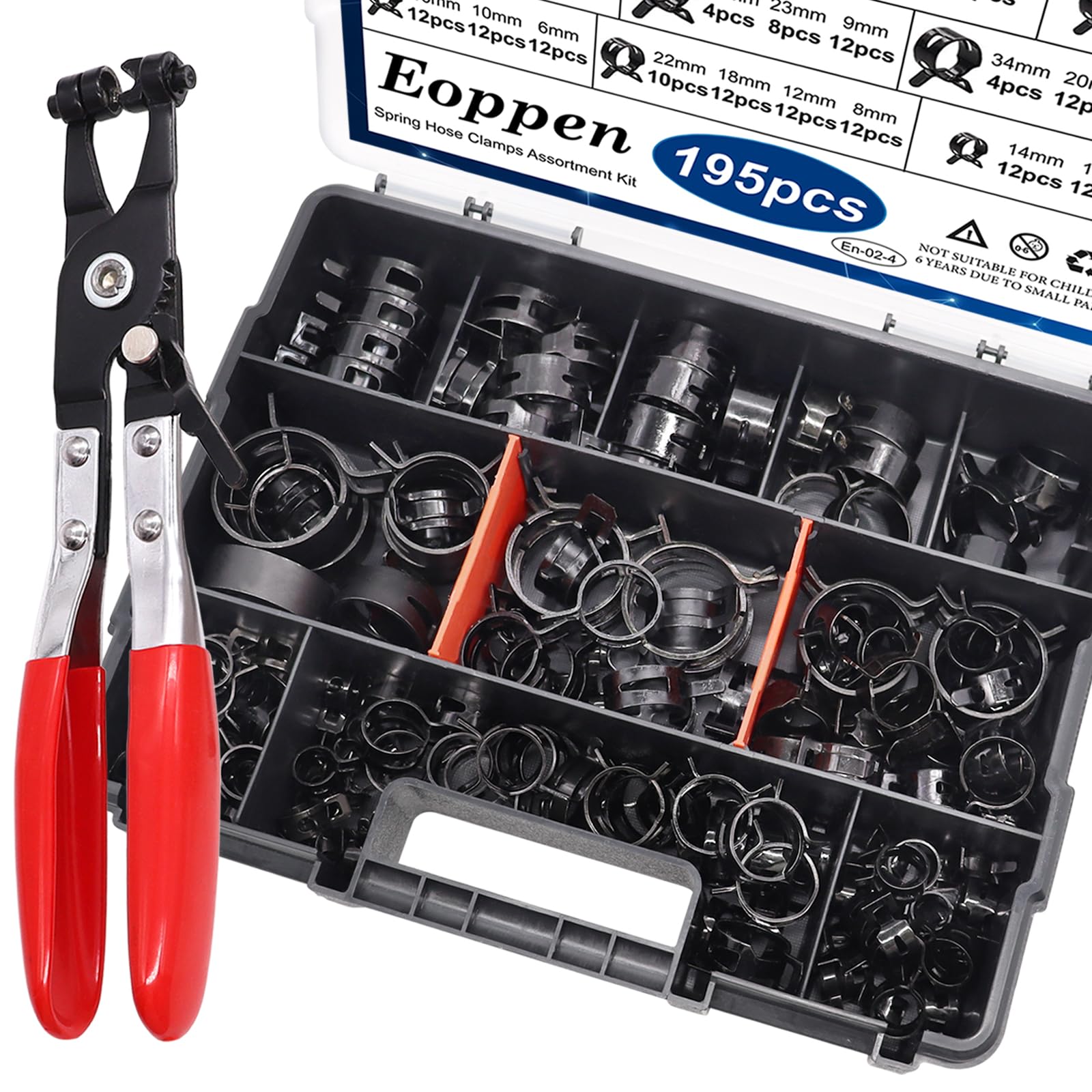 Eoppen 195Pcs 6-38Mm Spring Hose Clamps Assortment Kit With Swivel Flat Band Fuel Hose Clamp Plier - 23 Sizes Fuel Line Silicone