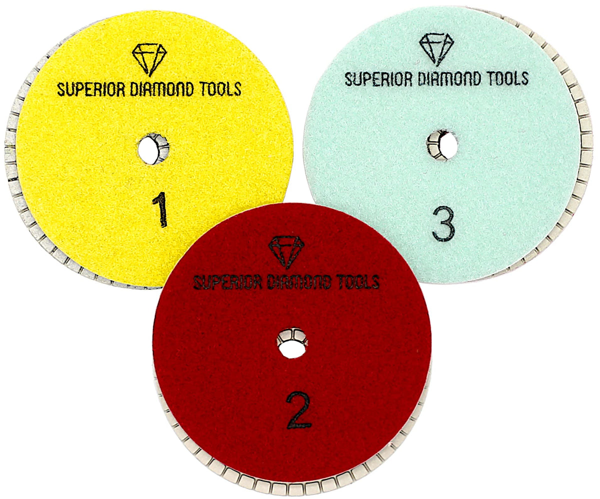 Superior Diamond Tools 3 Step Diamond Polishing Pads - Wet Or Dry - Granite, Quartz, Marble, Concrete, Terrazzo - High Temperatu