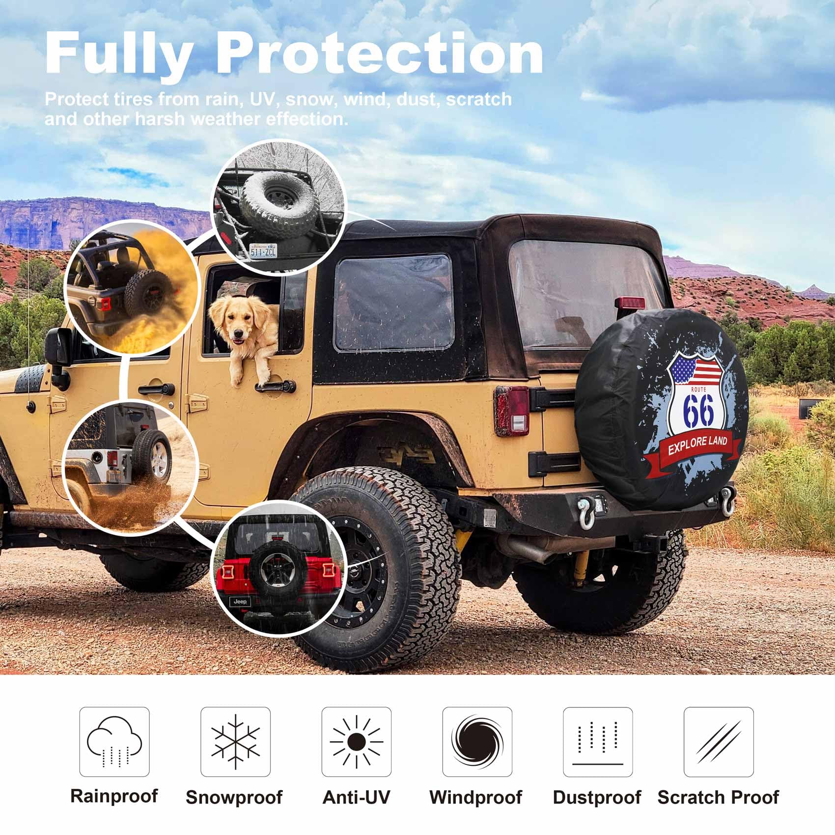 Explore Land 30-33 Inch Spare Tire Cover Fit Trailer, Rv, Suv, Truck, Tough Tire Wheel Soft Cover, American Flag And Route 66