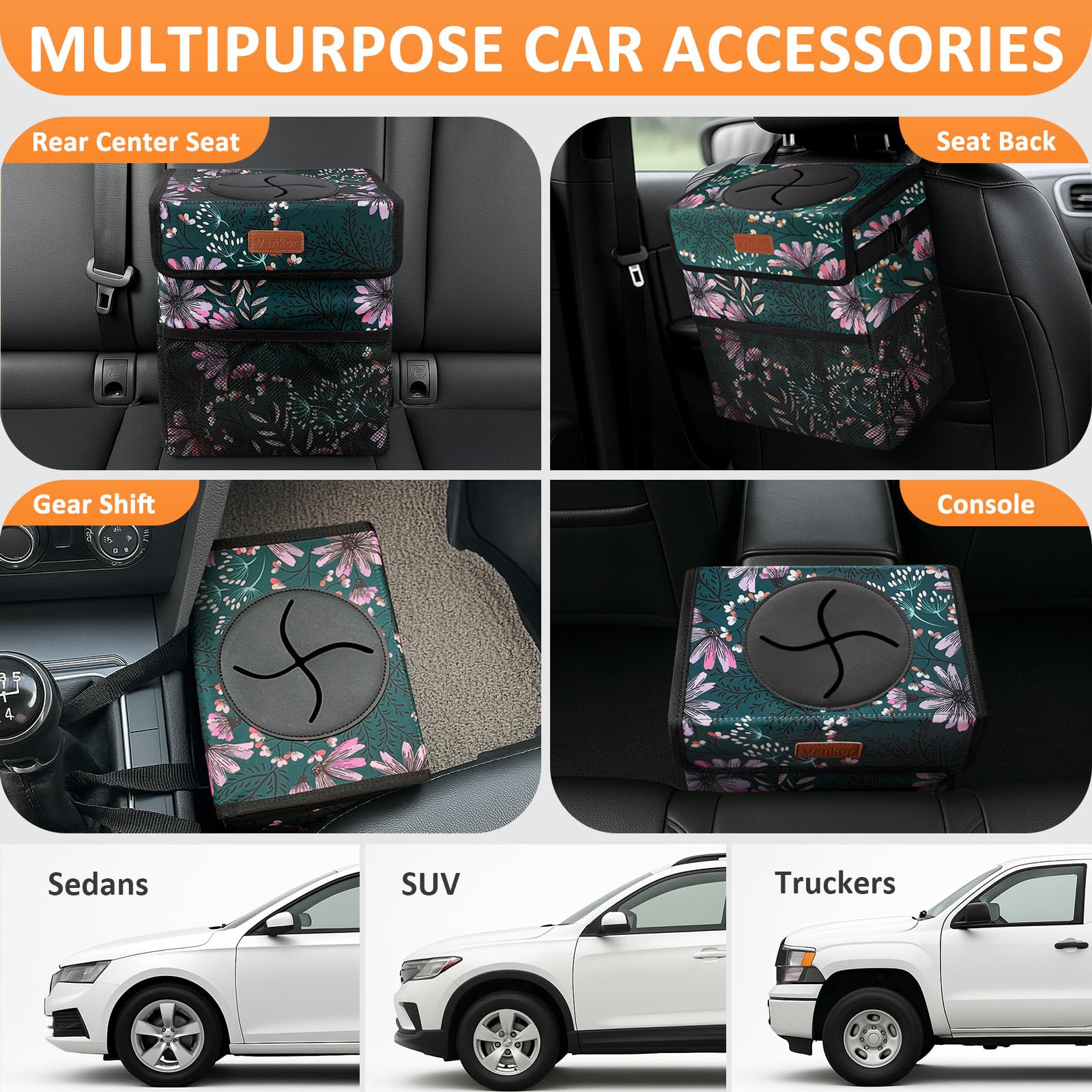 Vankor Car Trash Can For Cute, Bag Bin Hanging Waterproof Automotive Garbage Cans Leak Proof Vehicle Navy Floral