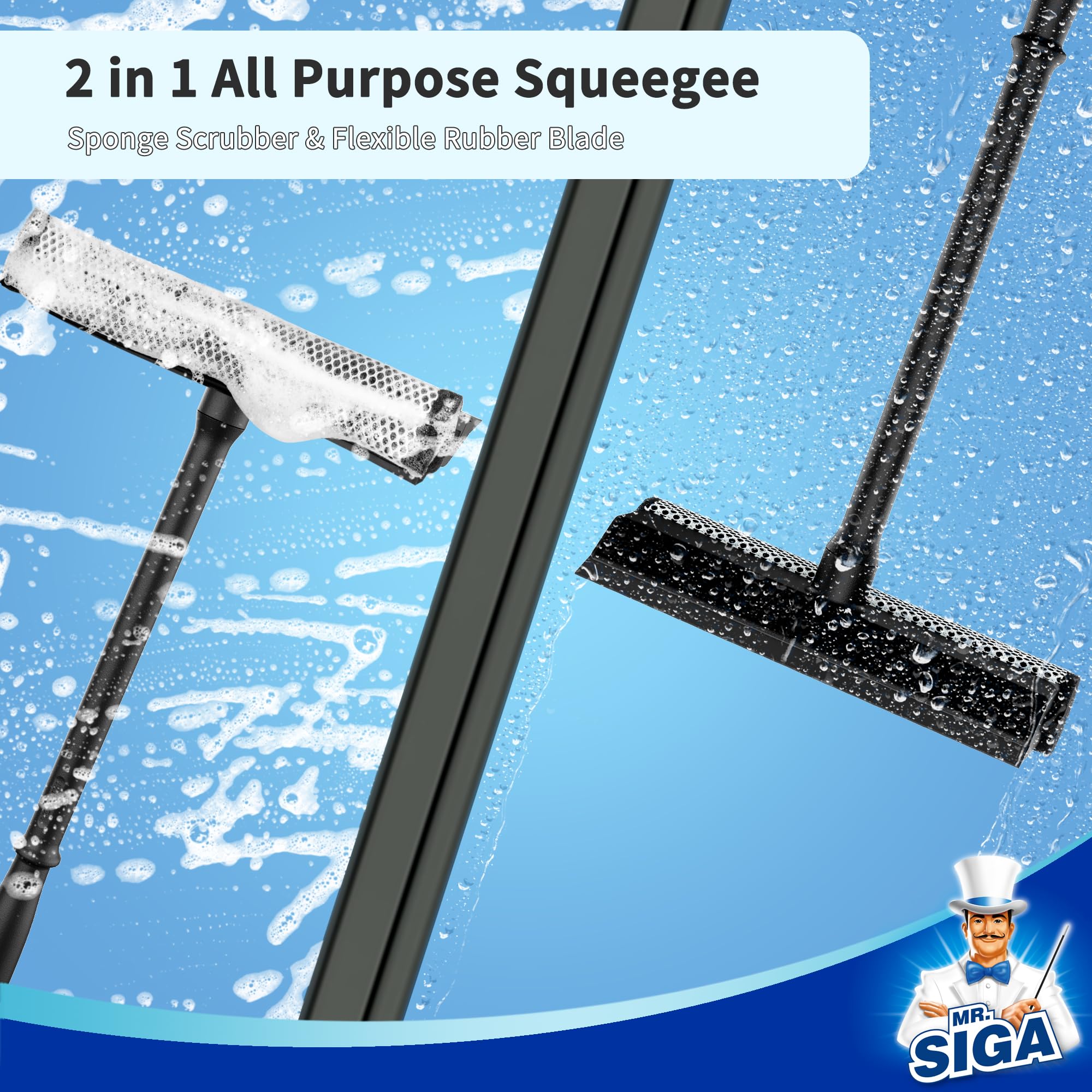 Mr.Siga Professional 2-In-1 Car Window Squeegee And Sponge Scrubber For Cleaning And Washing, Rubber Blade Cleaner With Handle,