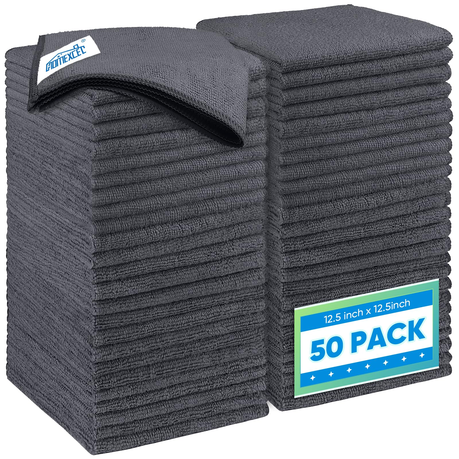 Homexcel Grey Microfiber Cleaning Cloth 50 Pack, 12.5 X 12.5 Inch Microfiber Towels For Cars, Ultra Absorbent Car Washing Cloth,