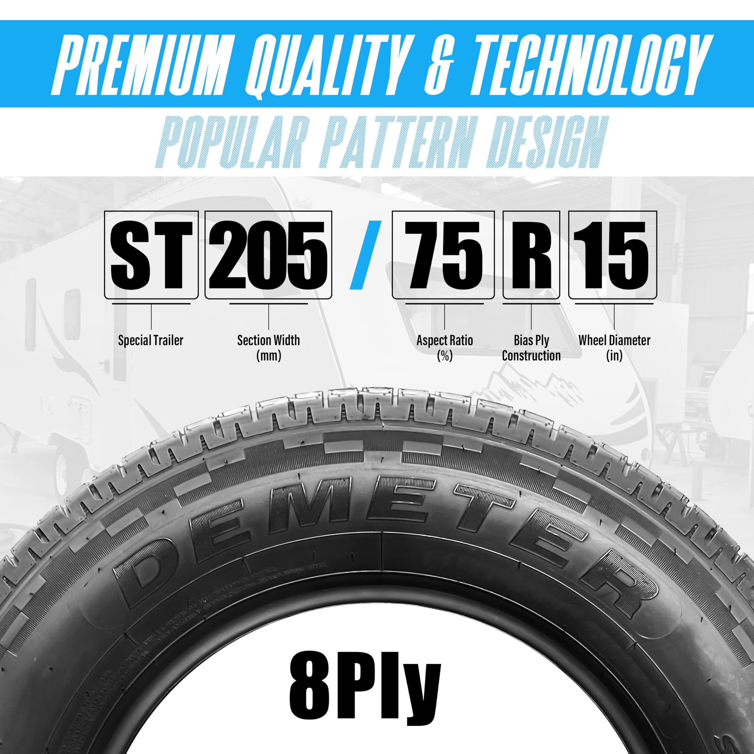 DEMETER Set 2 Radial Trailer Tires 205/75R15,Heavy Duty ST 205/75R15, 8 Ply Load Range D All Season Traction