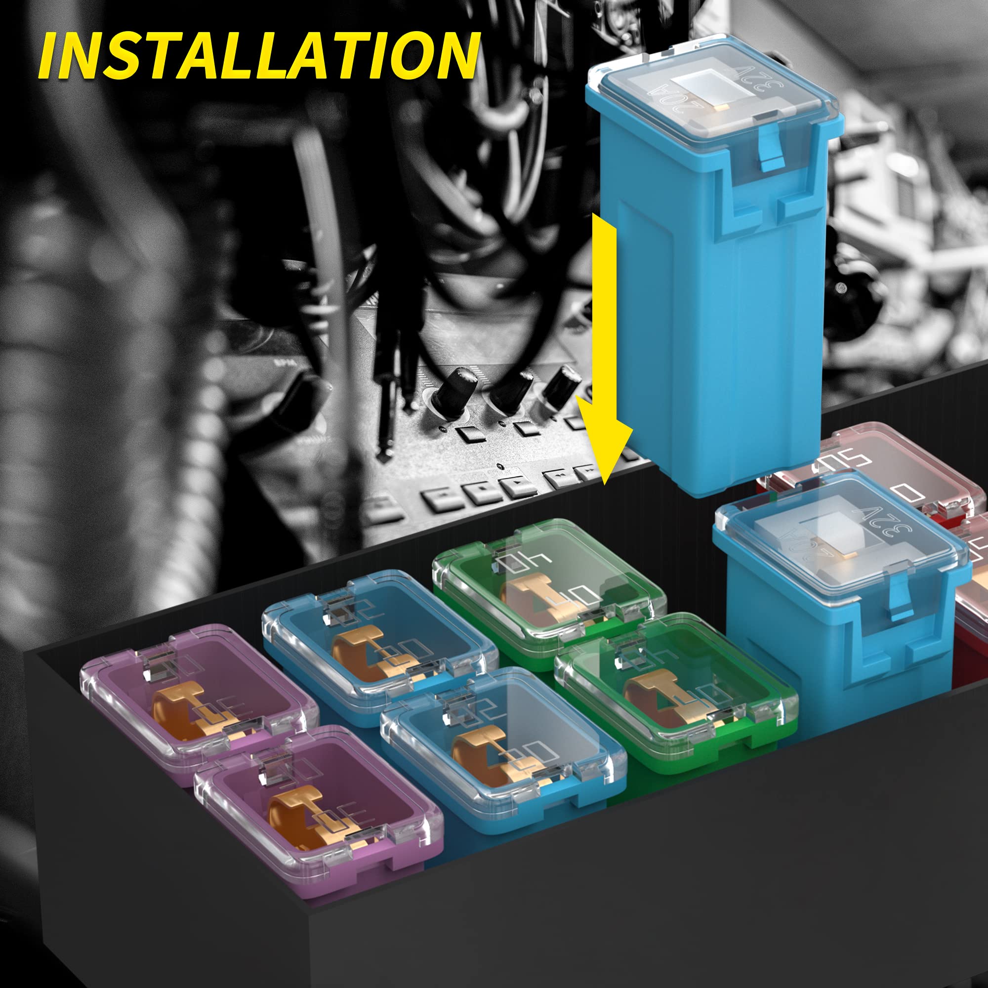 Joinfworld 36 Pcs Jcase Fuse Automotive Tall/Standard And Low Profile Jcase Box Shaped Fuses Assortment Kit (20A, 30A, 40A, 50A,