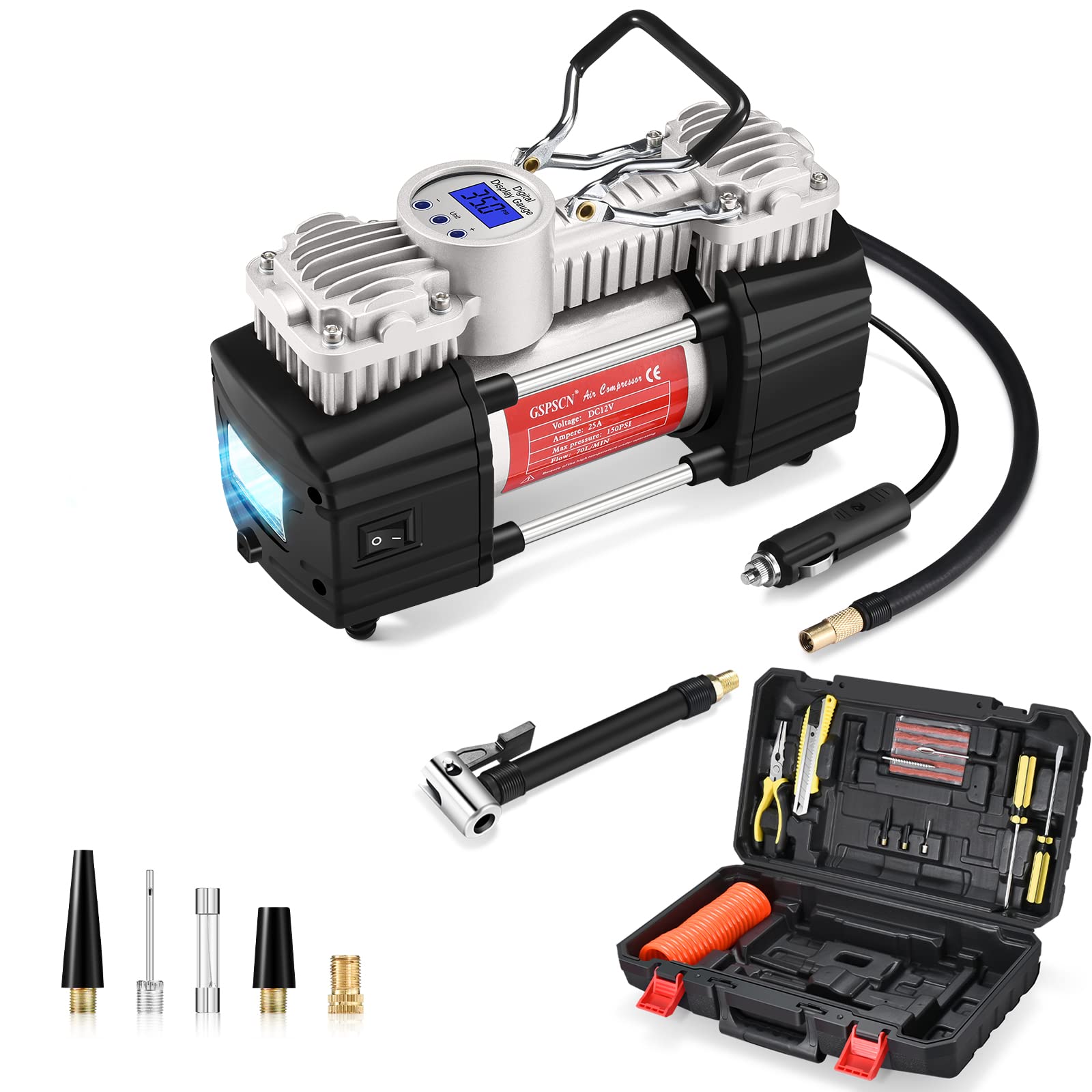 Gspscn Portable Air Compressor Pump Tire Inflator With Digital Gauge, Heavy Duty Double Cylinder 12V Tire Pump 150 Psi With Tire Repair Kit And Toolbox For Auto,Suv,Off-Road,Truck,Bike
