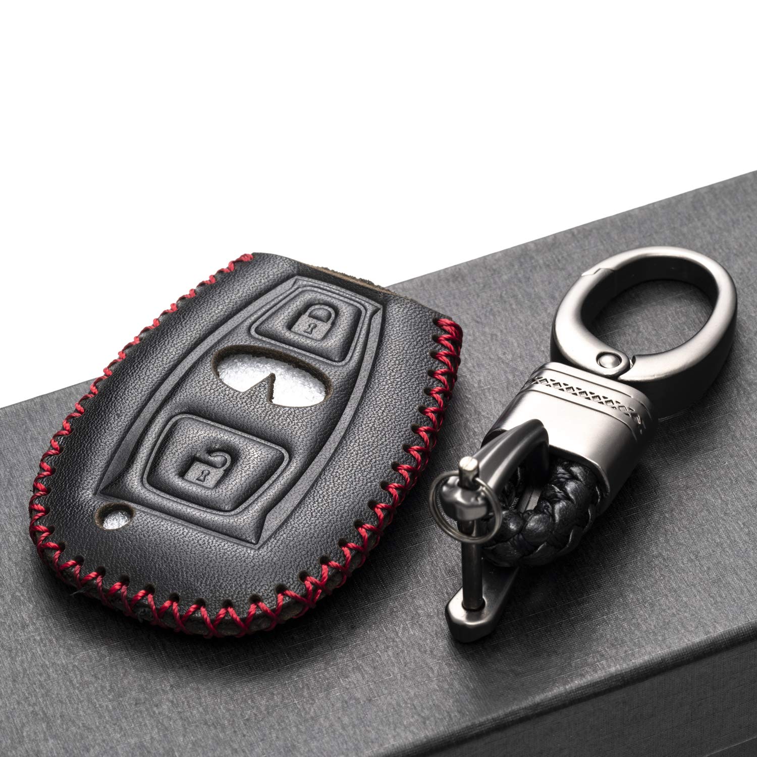 Vitodeco Genuine Leather Smart Key Fob Case Cover Protector with Leather Key Chain for 2017 - 2018 Infiniti QX30 (3-Button, Black/Red)