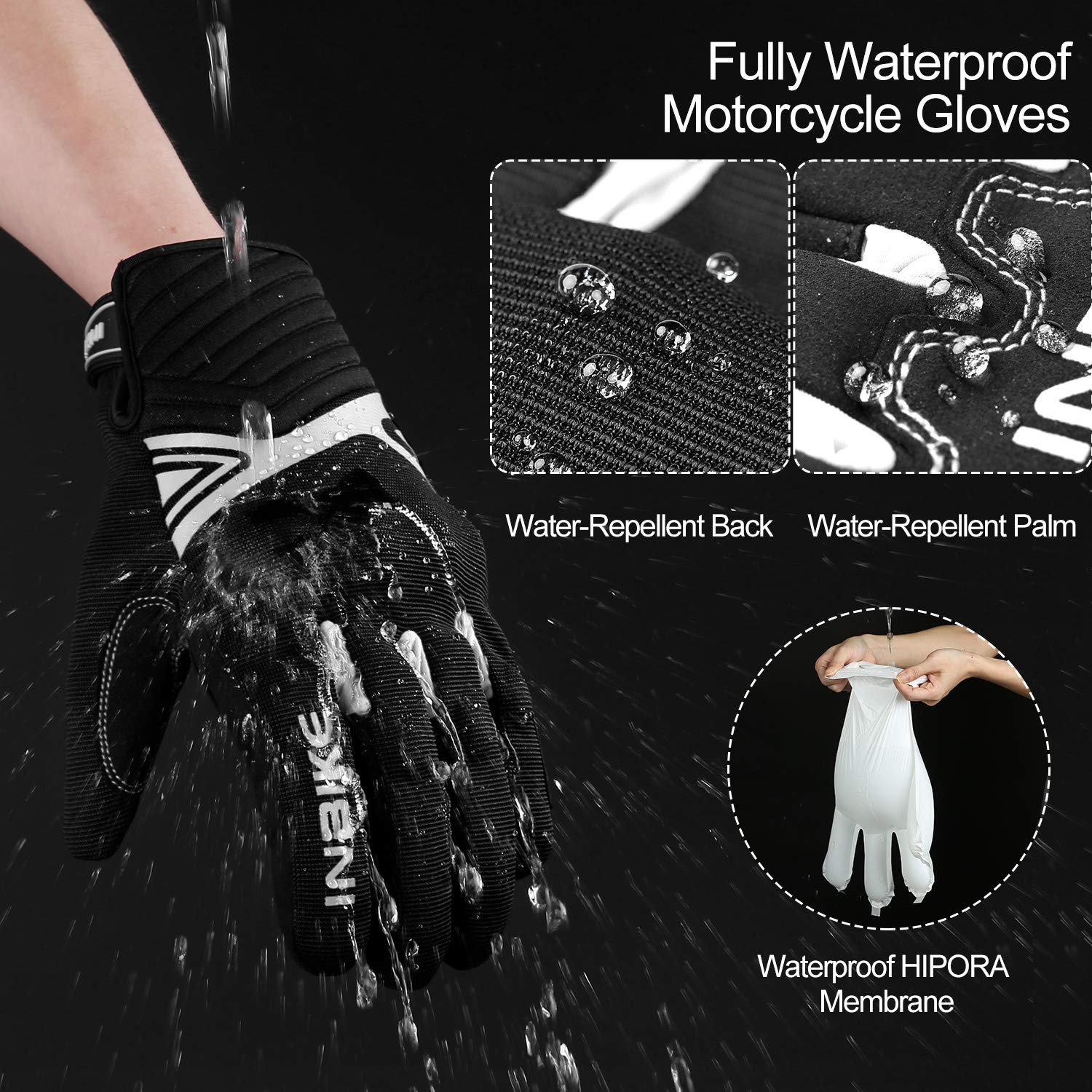 Inbike Waterproof Winter Motorcycle Gloves Thermal Fleece Touchscreen With Tpr Palm Pad Cushioning Hard Knuckle White Large