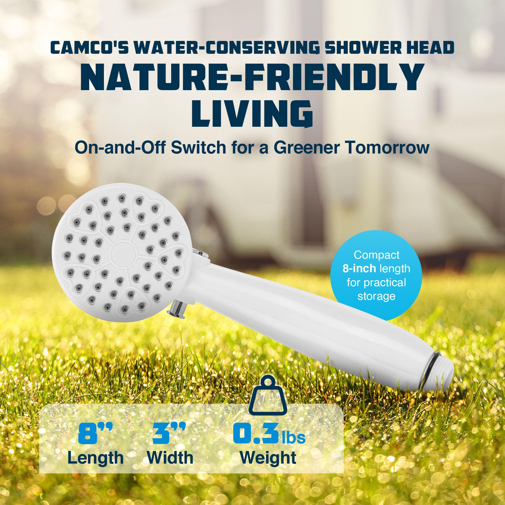 Camco 44023 Sleek Round High Flow Outdoor Shower Head Attachment With On And Off Switch And Rain Setting For Rvs And Boats, White