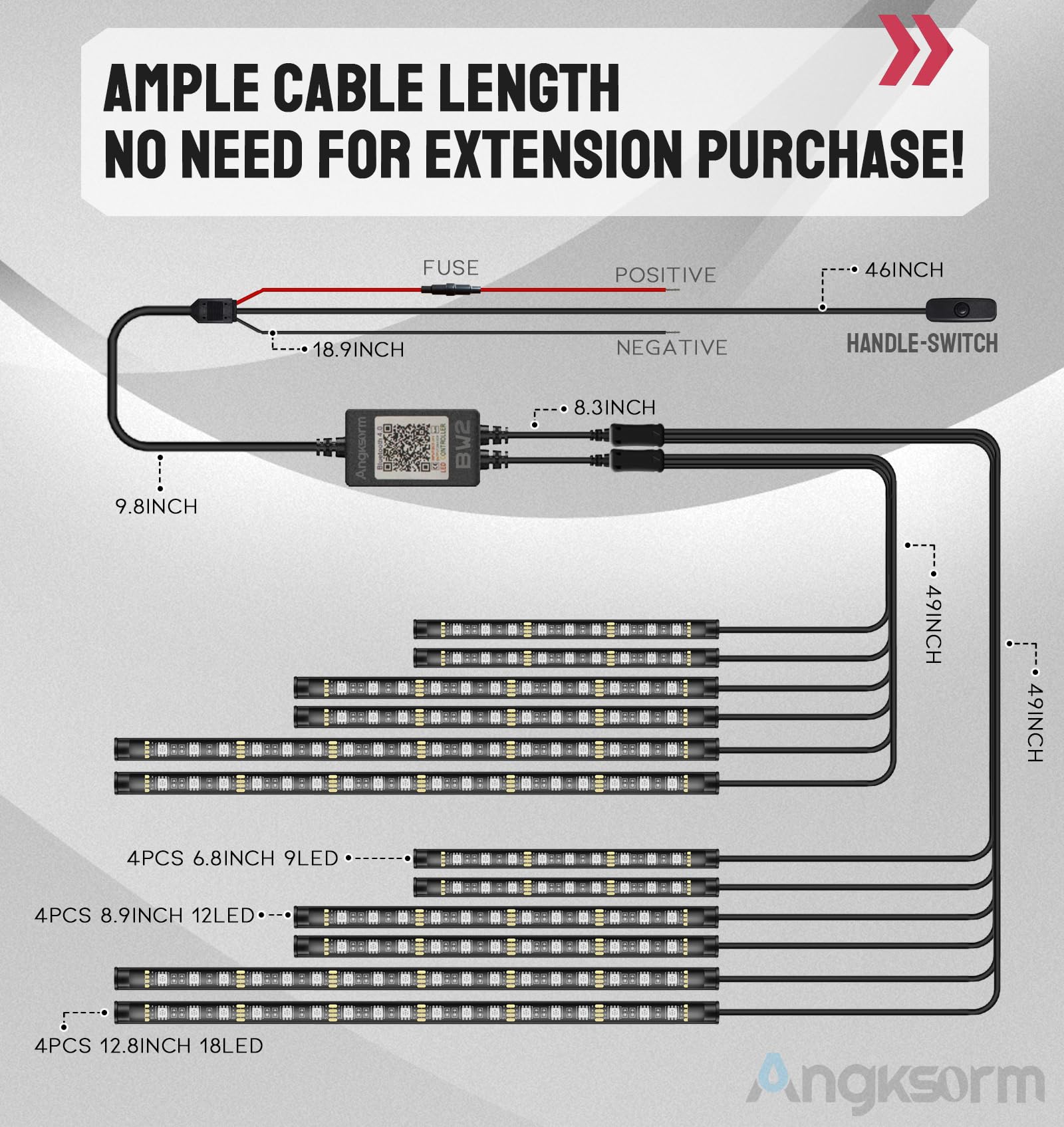 Angksorm 12pcs Waterproof RGB LED Strip Light Kit for Motorcycles, Trikes & Golf Carts - APP & Handle Switch Control, Black