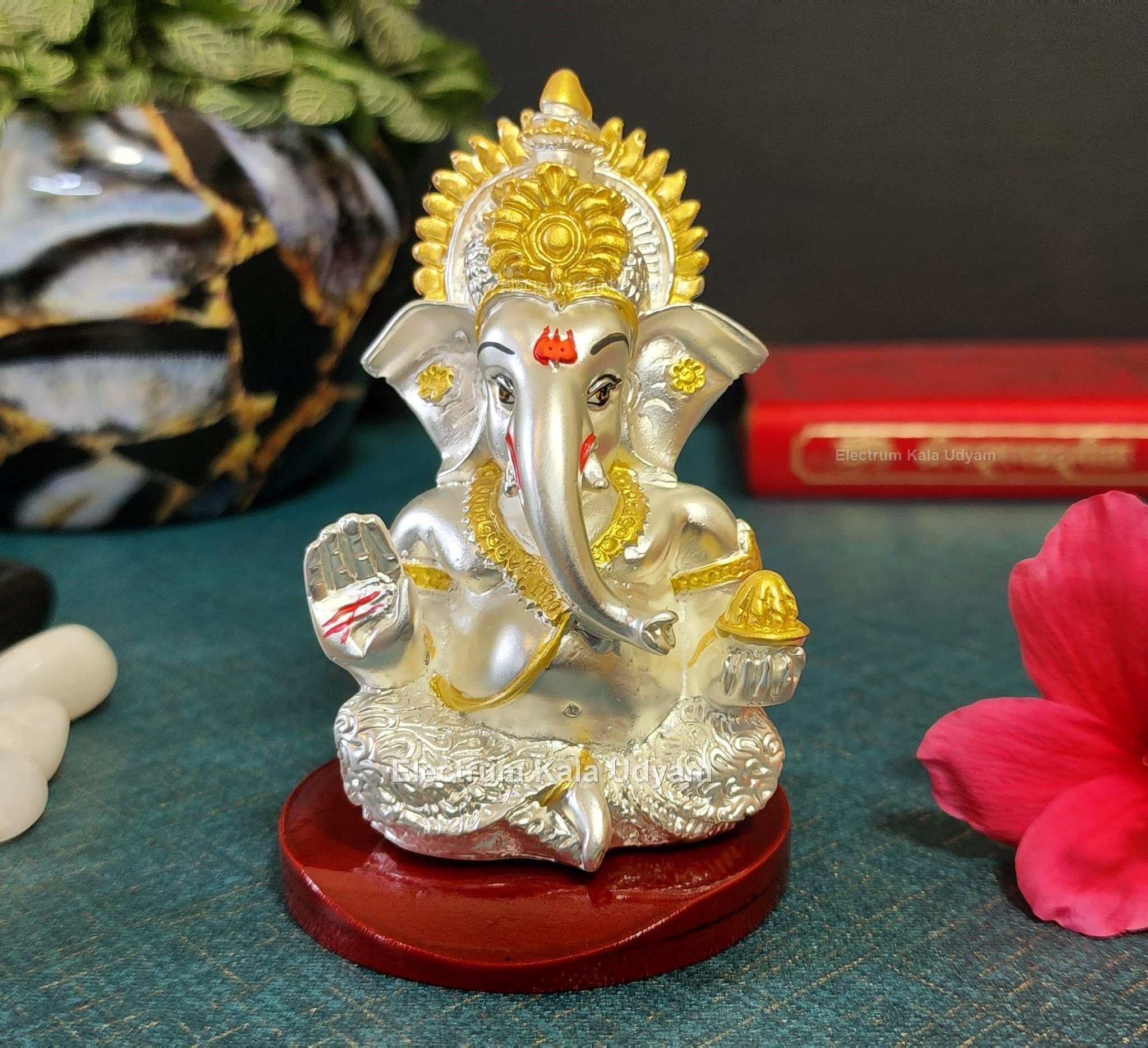 Electrum Kala Udyam Ganesha/Ganpati Silver Plated Idol On Mdf Base For Car Dashboard, Office Desk, And Festive Gifting (Mukutsat