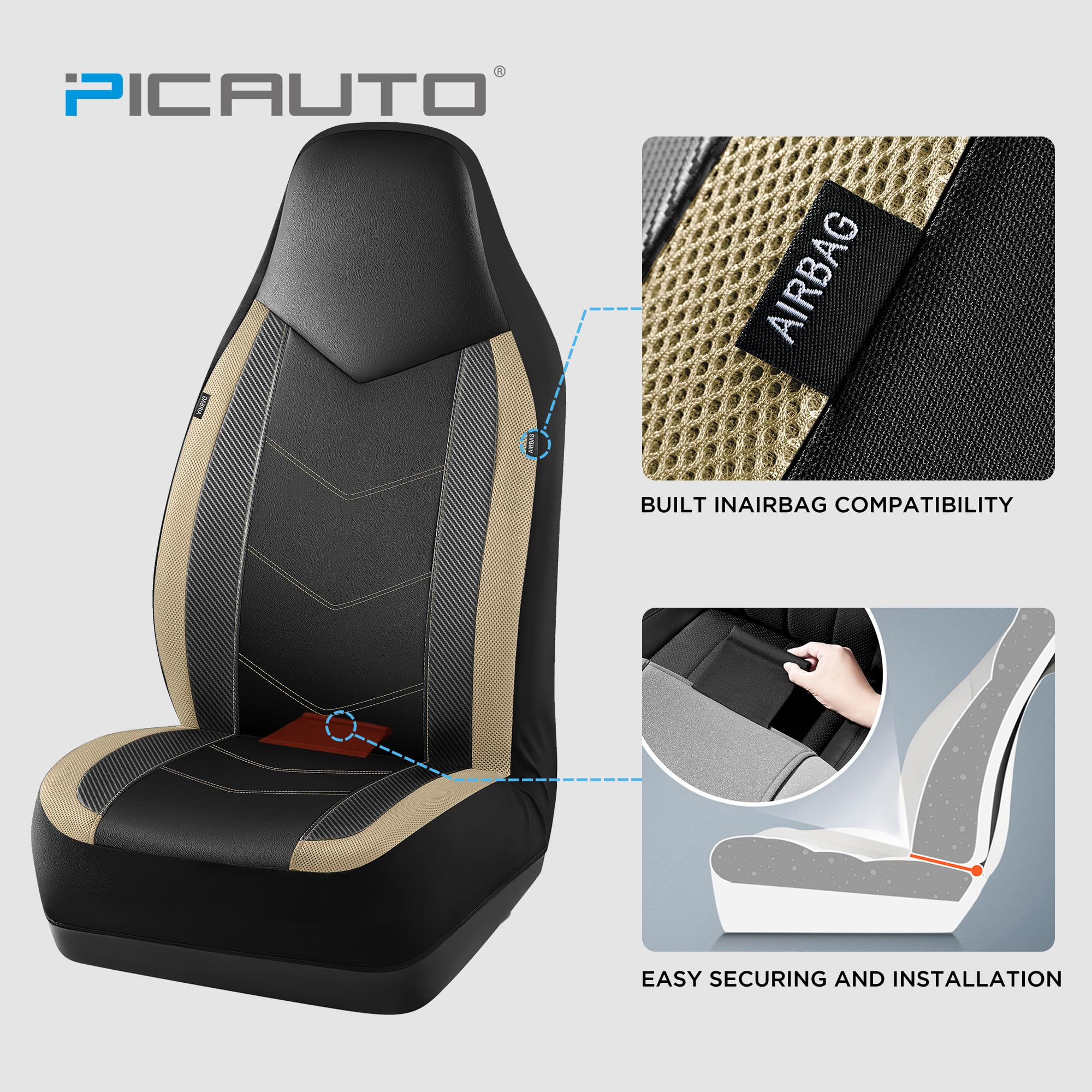 Pic Auto Leather Car Seat Covers, Sports Carbon Fiber & Mesh Design, High-Back Full Set, Waterproof Automotive Seat Covers, Airb