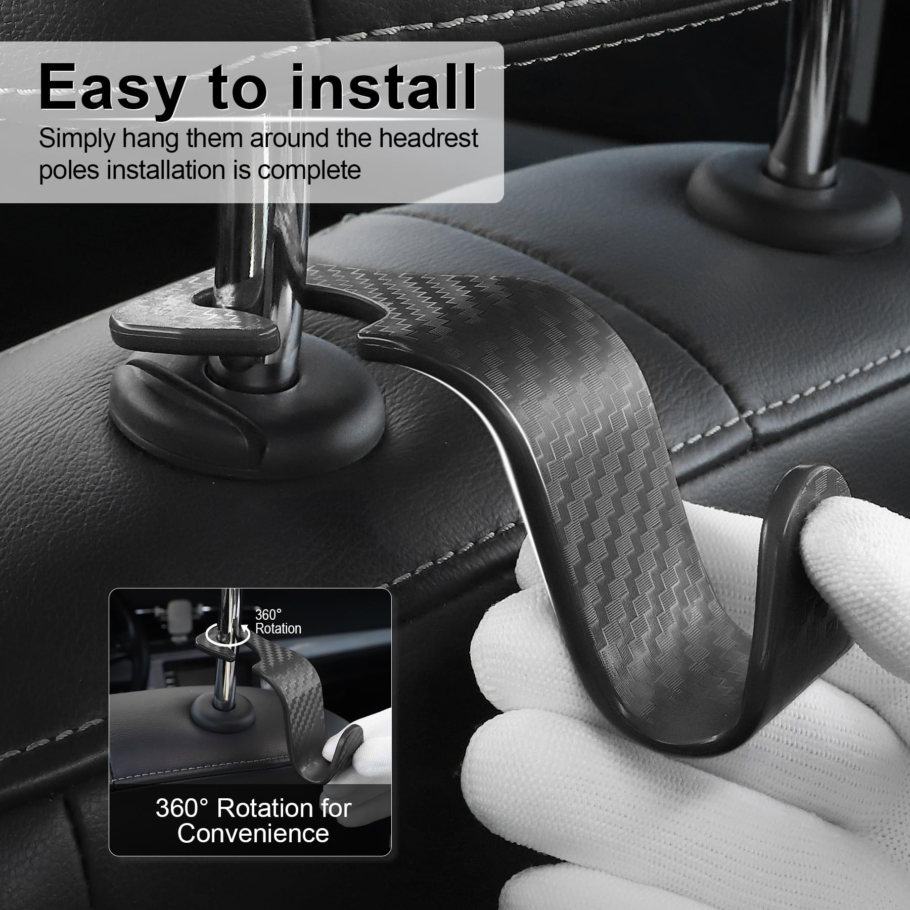 Livtee Car Purse Hook, 4 Pack Universal Auto Seat Headrest Hook Hangers Organizer For Coats, Umbrellas, Groceries - Carbon Fiber