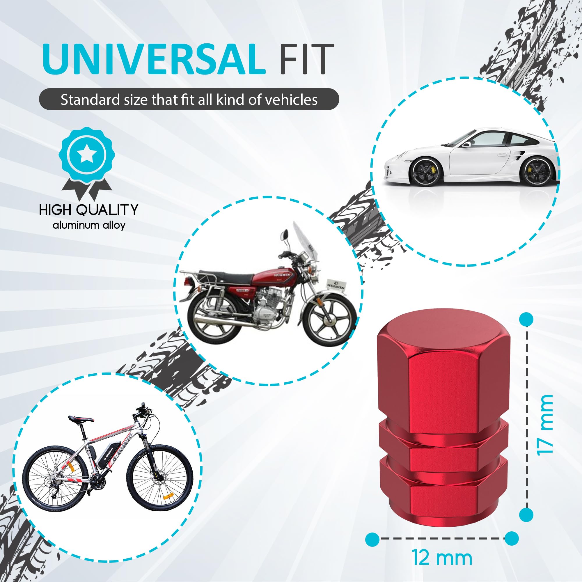 Tire Valve Stem Caps - 4 Pack - Anodized Aluminum - Corrosion Resistant - Cars Trucks Motorcycles SUVs and Bikes - Universal Hex