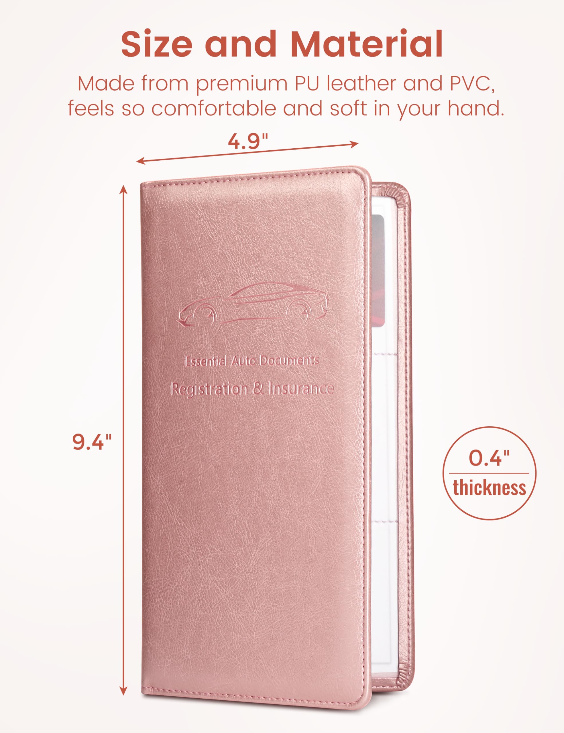 Yarnic Car Registration And Insurance Holder, Car Document Holder With Magnetic Closure, Car Accessories Wallet For Driver License, Cards And Other Essential Documents (Rose Gold)