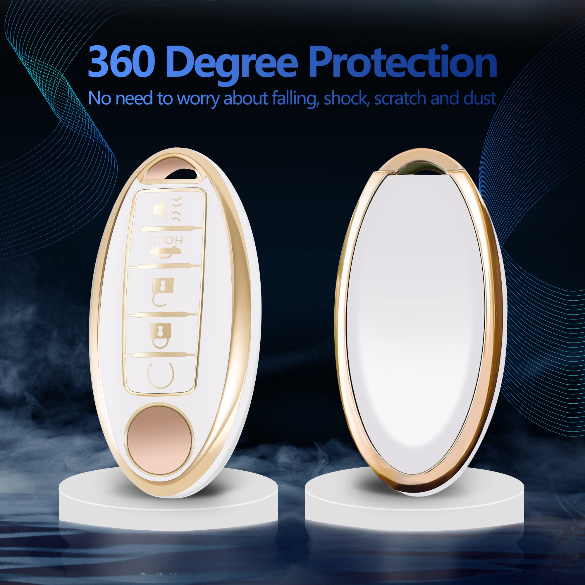 For Nissan Key Fob Cover Car Key Case Shell With Keychain Fit Nissan Altima Maxima Murano Rogue Sentra 370Z Pathfinder (5-White)