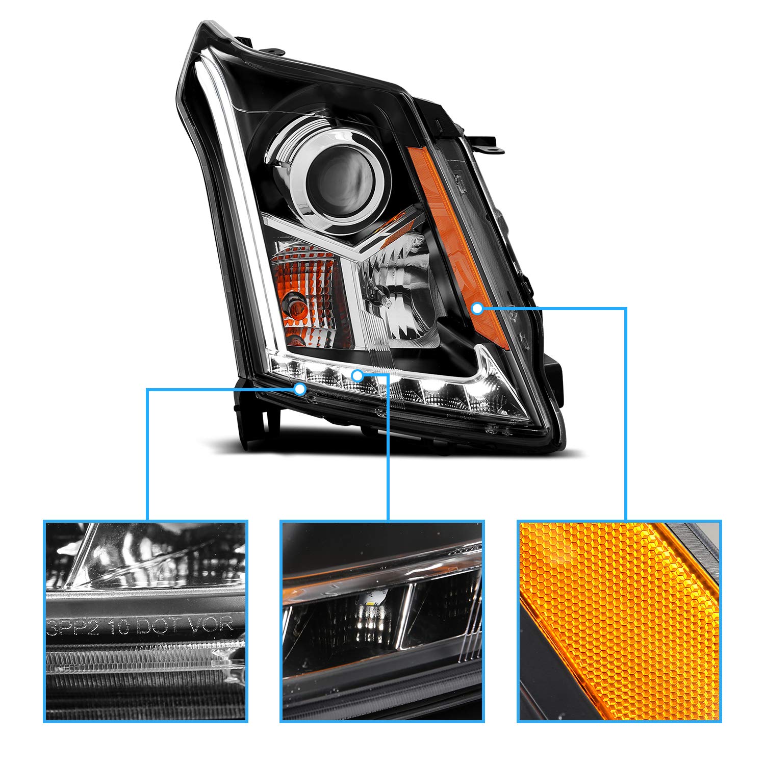 Amerilite Black Projector Headlights Plank Led Bar Set For Cadillac Srx - Passenger And Driver Side