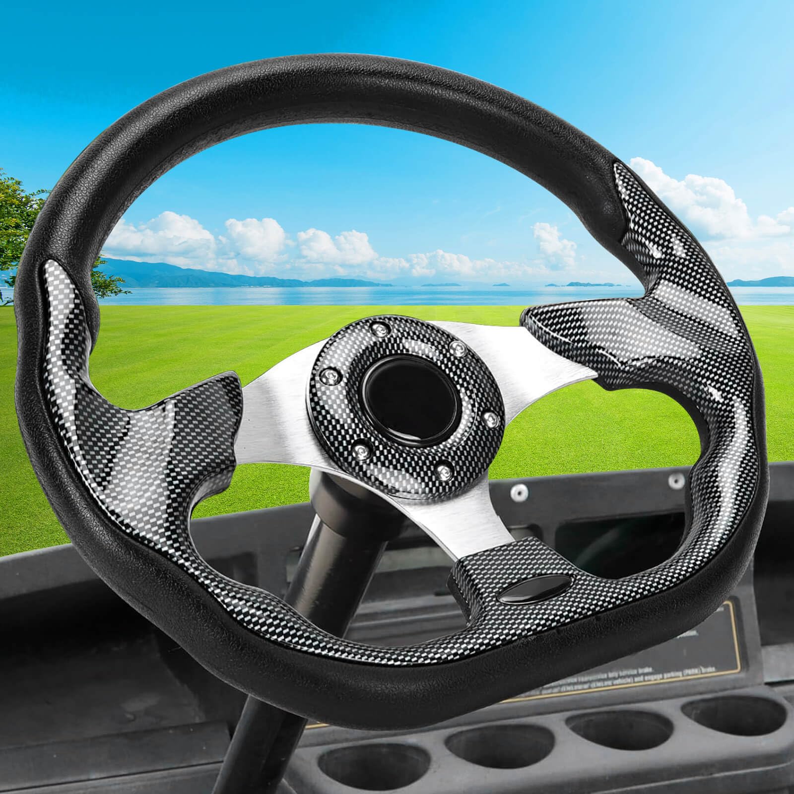 Leapgomax Golf Cart Steering Wheel Fit Ezgo Rxv & Txt, Club Car Ds, Club Car Precedent Tempo, Yamaha Golf Carts(D Shape Design S