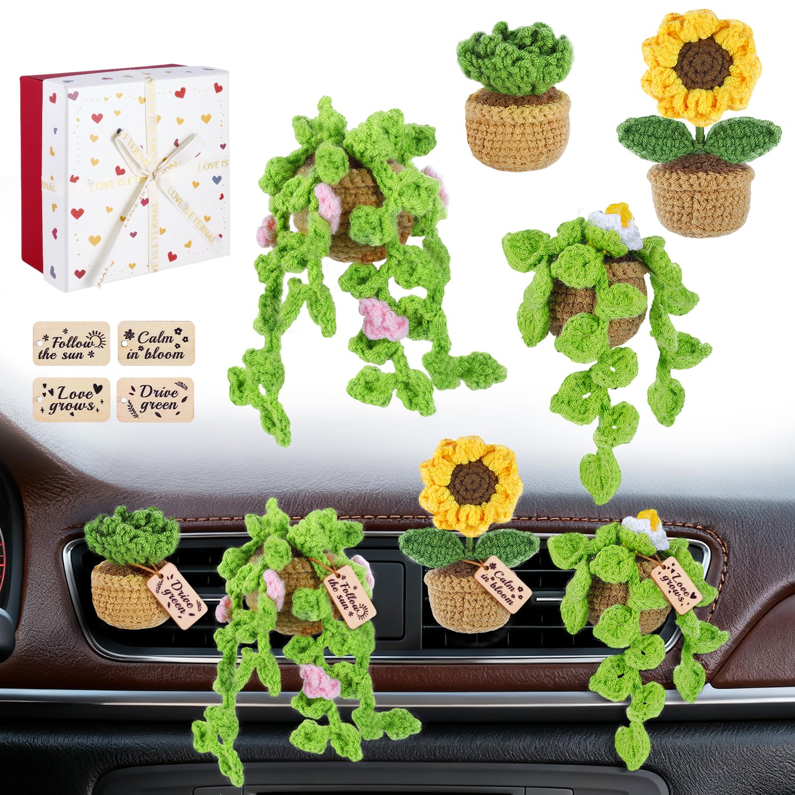 4 Pcs Crochet Plant Vent Clips for Car,Handmade Mini Plant Car Air Fresheners with Inspirational Cards,Succulent Sunflower Potte