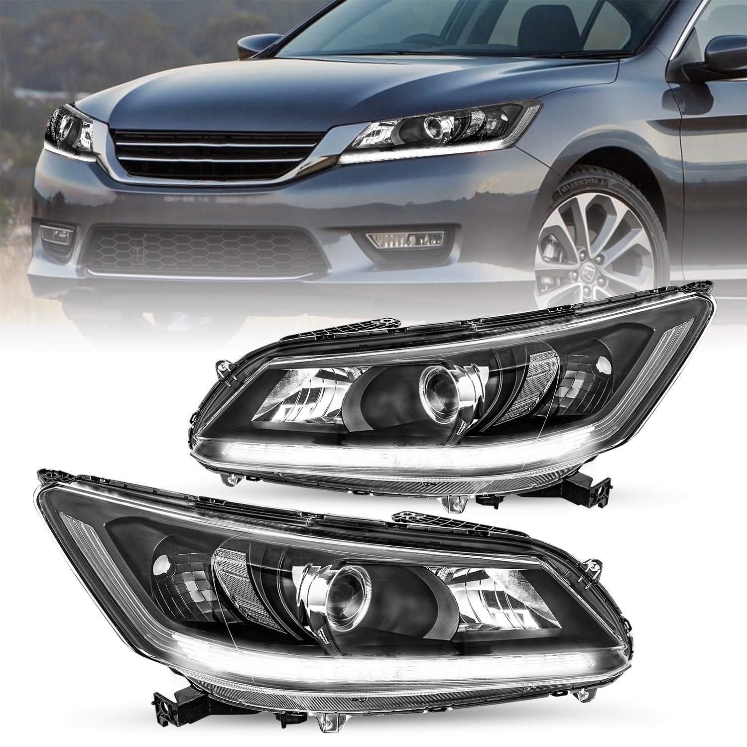 Jsboyat Headlight Assembly W/Led Drl For 2013 2014 2015 Honda Accord Sedan 4-Door Halogen Model Projector Headlamp Replacement Set Black Housing With Clear Reflector Right Passenger& Left Driver Side