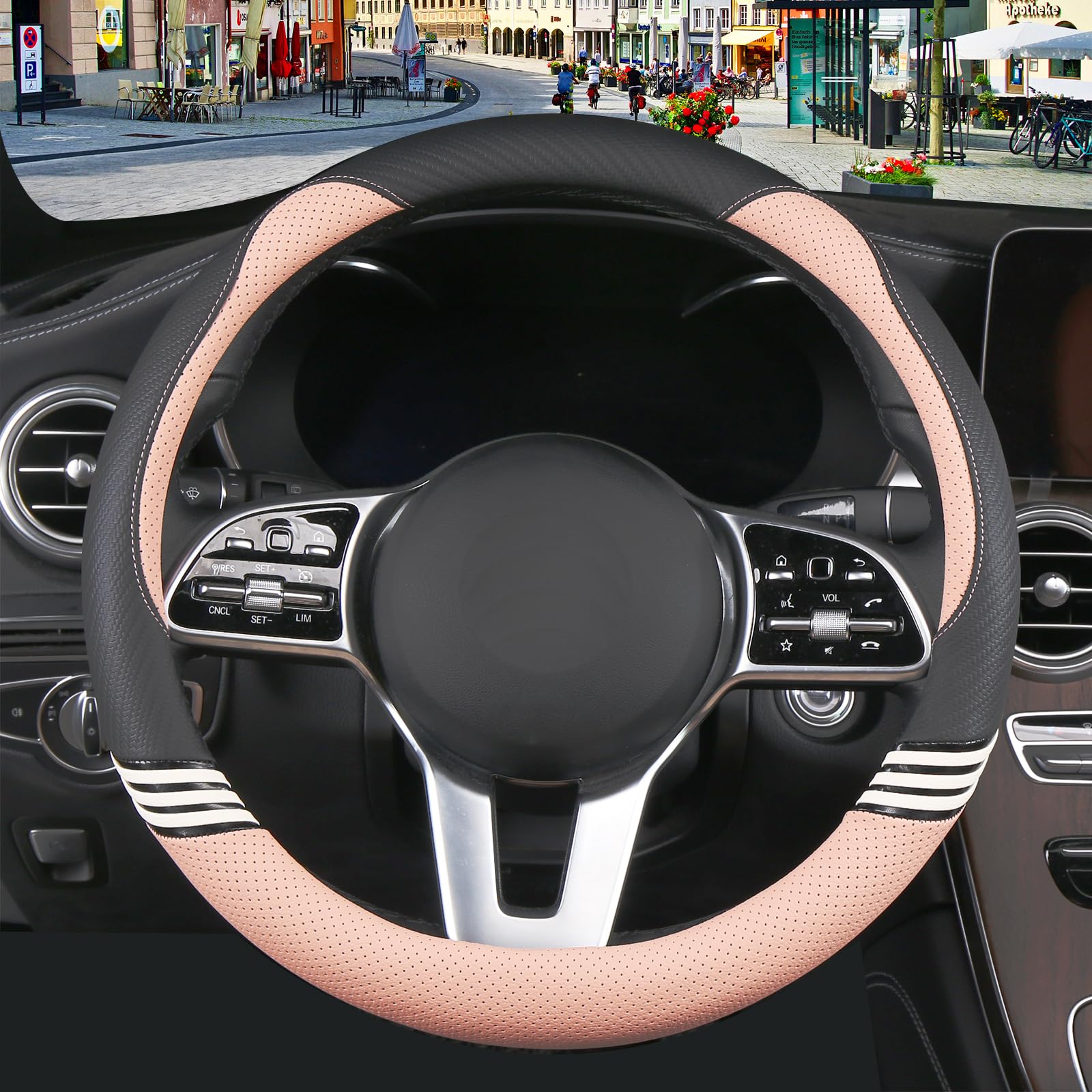 Binsheo Cute Steering Wheel Cover For Women Men Leather Universal 15 Inch,Black And Pink