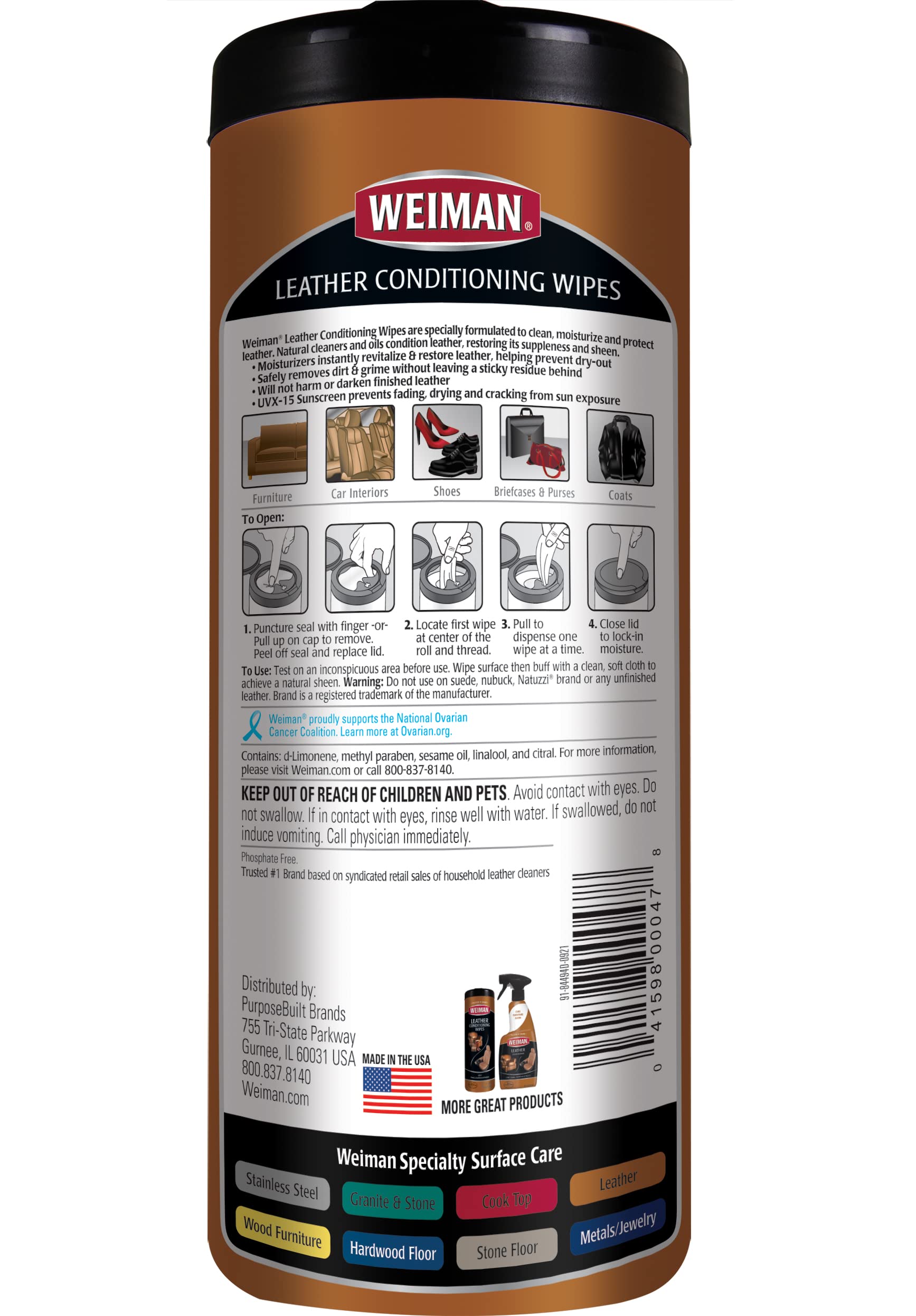 Weiman Leather Wipes - 2 Pack - Clean Condition Uv Protection Help Prevent Cracking Or Fading Of Leather Couches, Car Seats, Sho