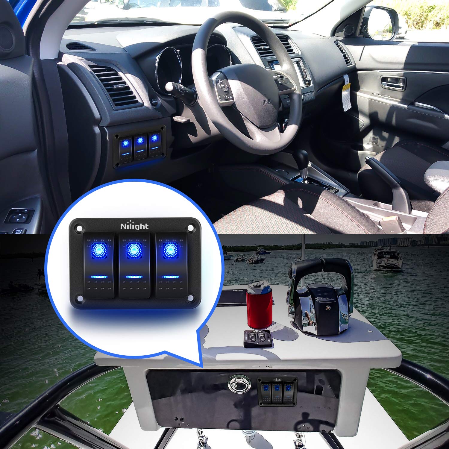 Nilight 90017C 3 Gang Aluminum Panel Toggle Dash 5 Pin On/Off Pre-Wired Rocker Switch Holder for Automotive Car Marine Boat, 2 Y