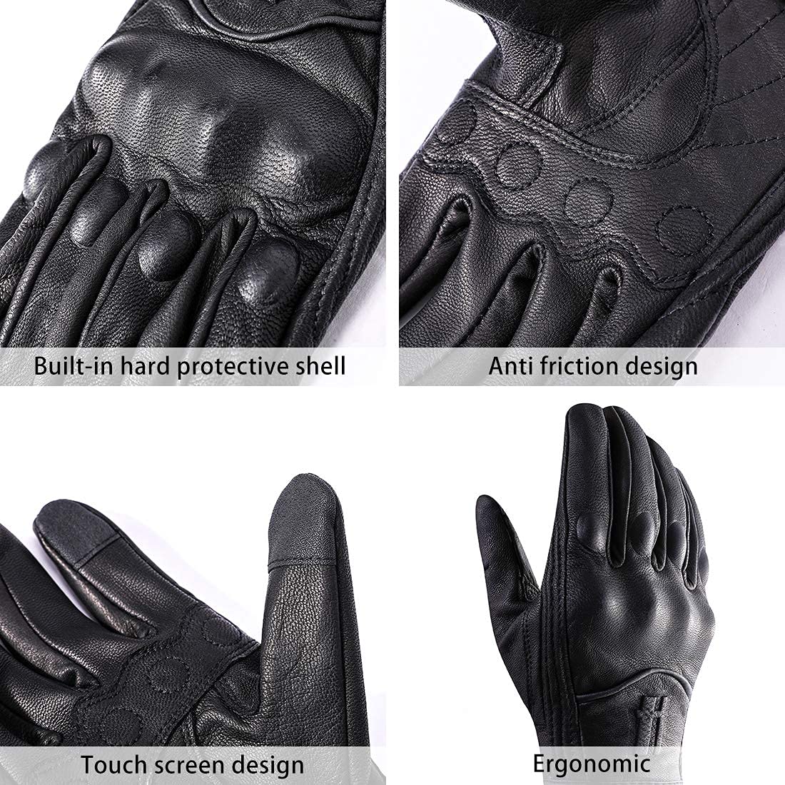 Harssidanzar Motorcycle Gloves For Men,Leather Touch Screen Riding Driving Gloves Gm028,Black,Size L