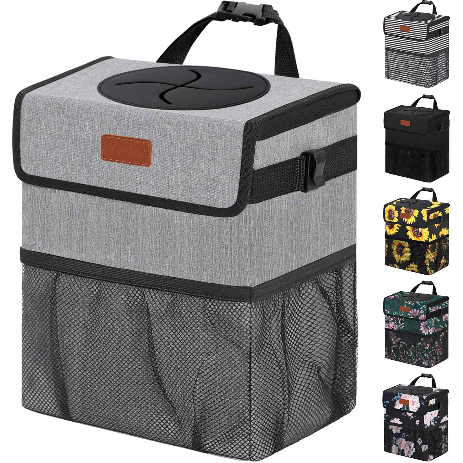 Vankor 3 Gallons Car Trash Can With Lid, Car Trash Bag Bin Hanging Waterproof Automotive Garbage Cans Leak Proof Vehicle Can Gre