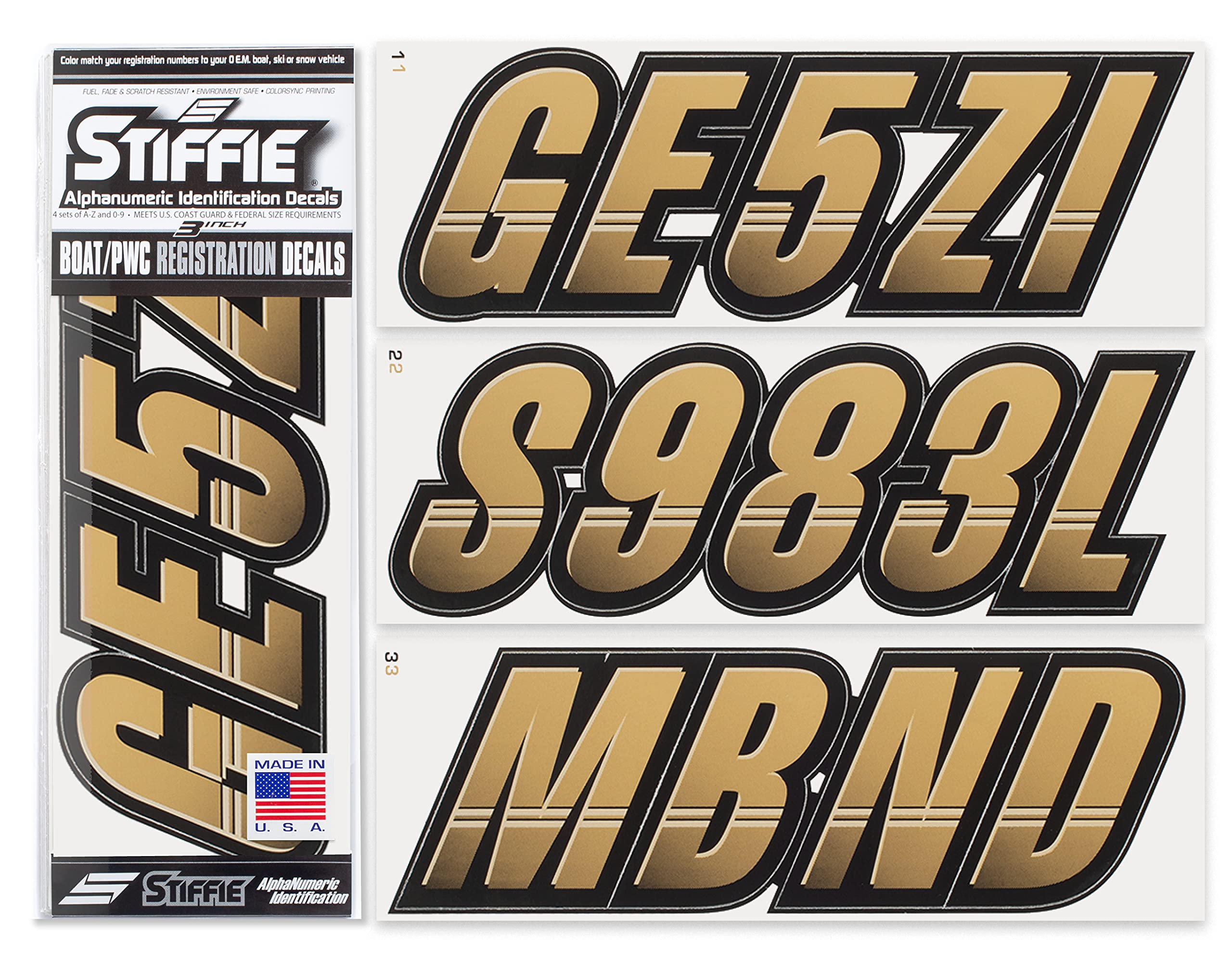 Stiffie Techtron Tan/Black 3 '' Boat & Pwc Registration Decals  Numbers Letters Stickers