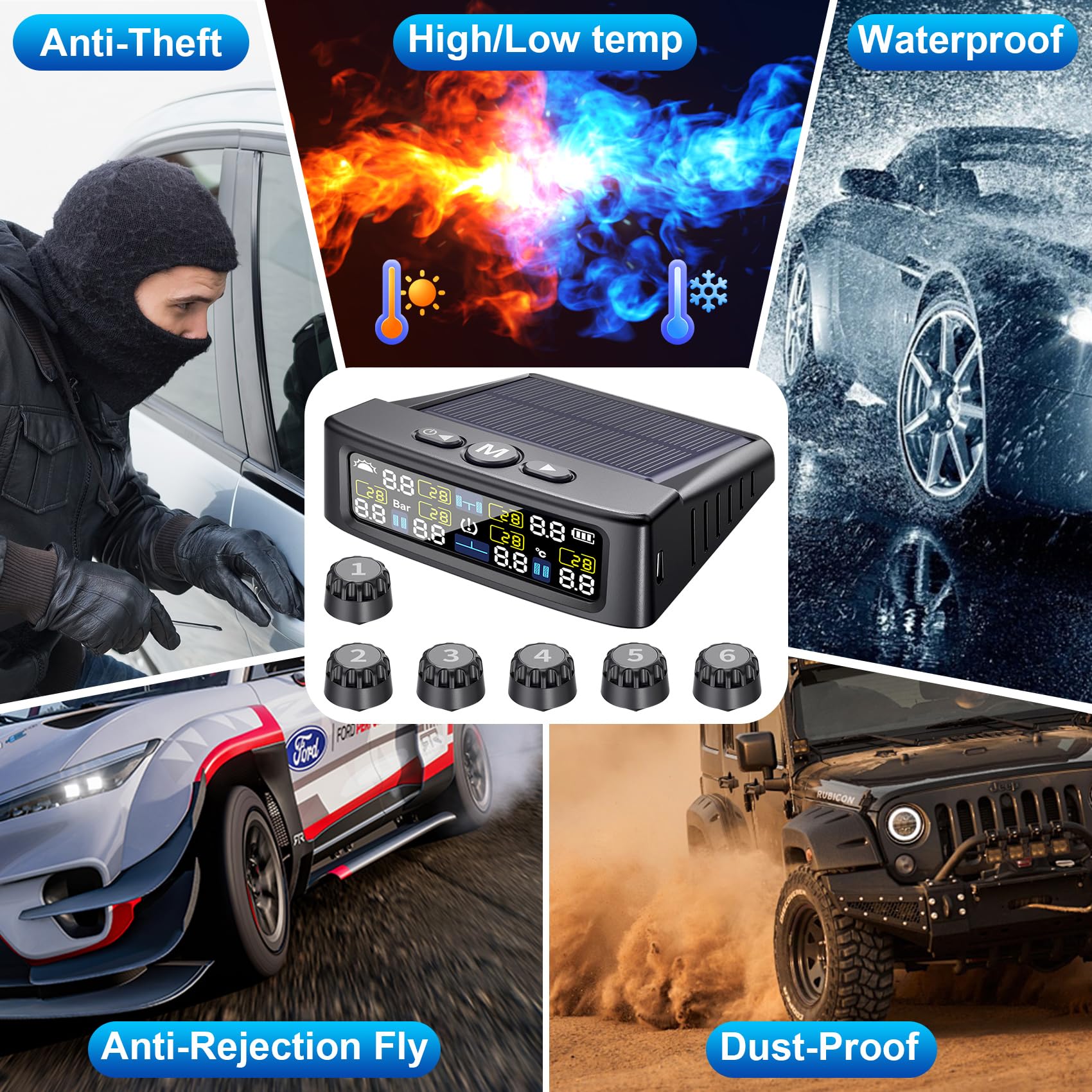 RV Tire Pressure Monitoring System, Tire Pressure Monitor with Solar Charge, TPMS with 6 Sensors & 6 Alarm Modes, M12-3 TPMS Upd