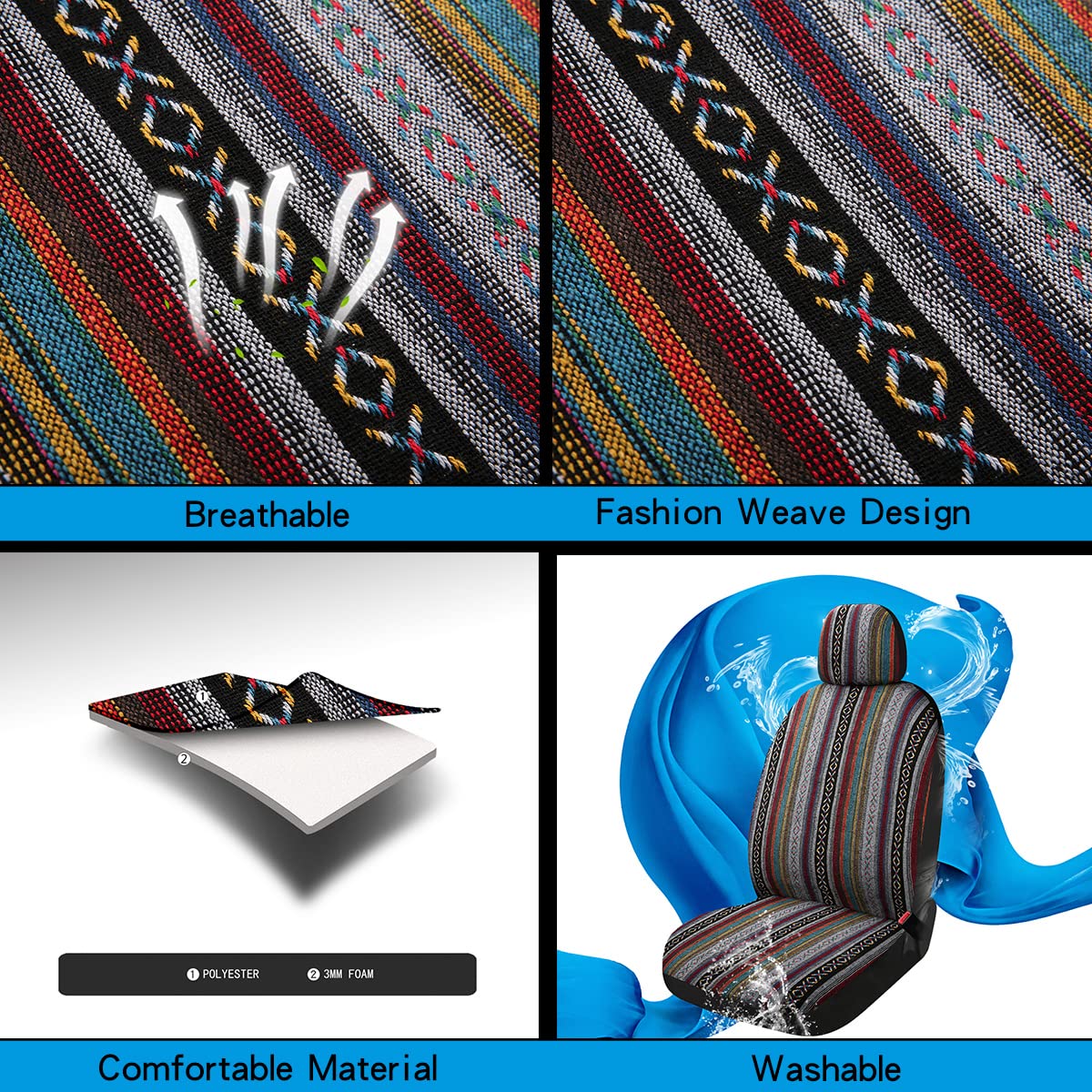 PONYJOYUP Baja Saddle Blanket Car Seat Covers 4PCS Front, Breathable and Washable Striped Woven Automotive Vehicle Seat Cover, U