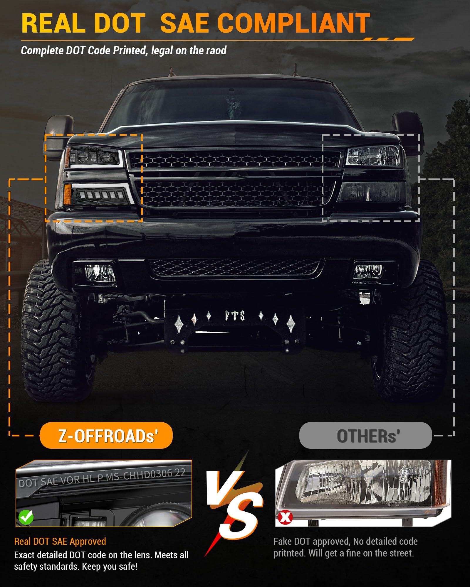 Z-Offroad Led Headlights Assembly Dot Approved With Drl Turn Signal Hi/Low Sealed Beam Side Marker Compatible With 2003-2006 Che