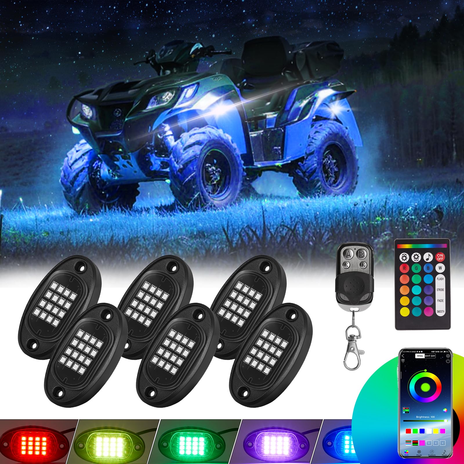 6 Pods Rgb Led Rock Lights For Utv Atv Golf Cart Truck Rzr Offroad Pickup Suv, Waterproof Multicolor Underglow Kit For Cars With