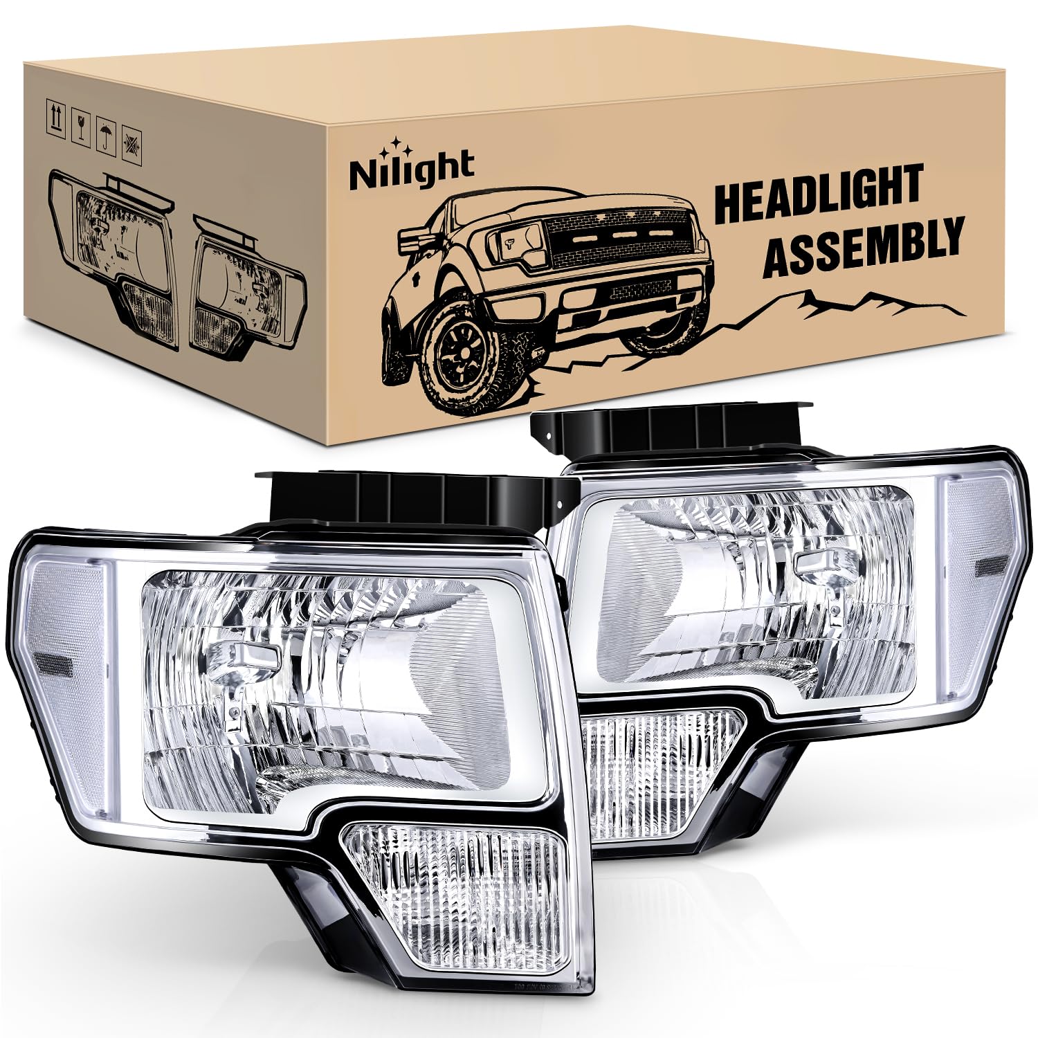 Nilight Headlight Assembly 2009 2010 2011 2012 2013 2014 F150 Chrome Housing Clear Corner Clear Lens Headlamp Replacement Driver