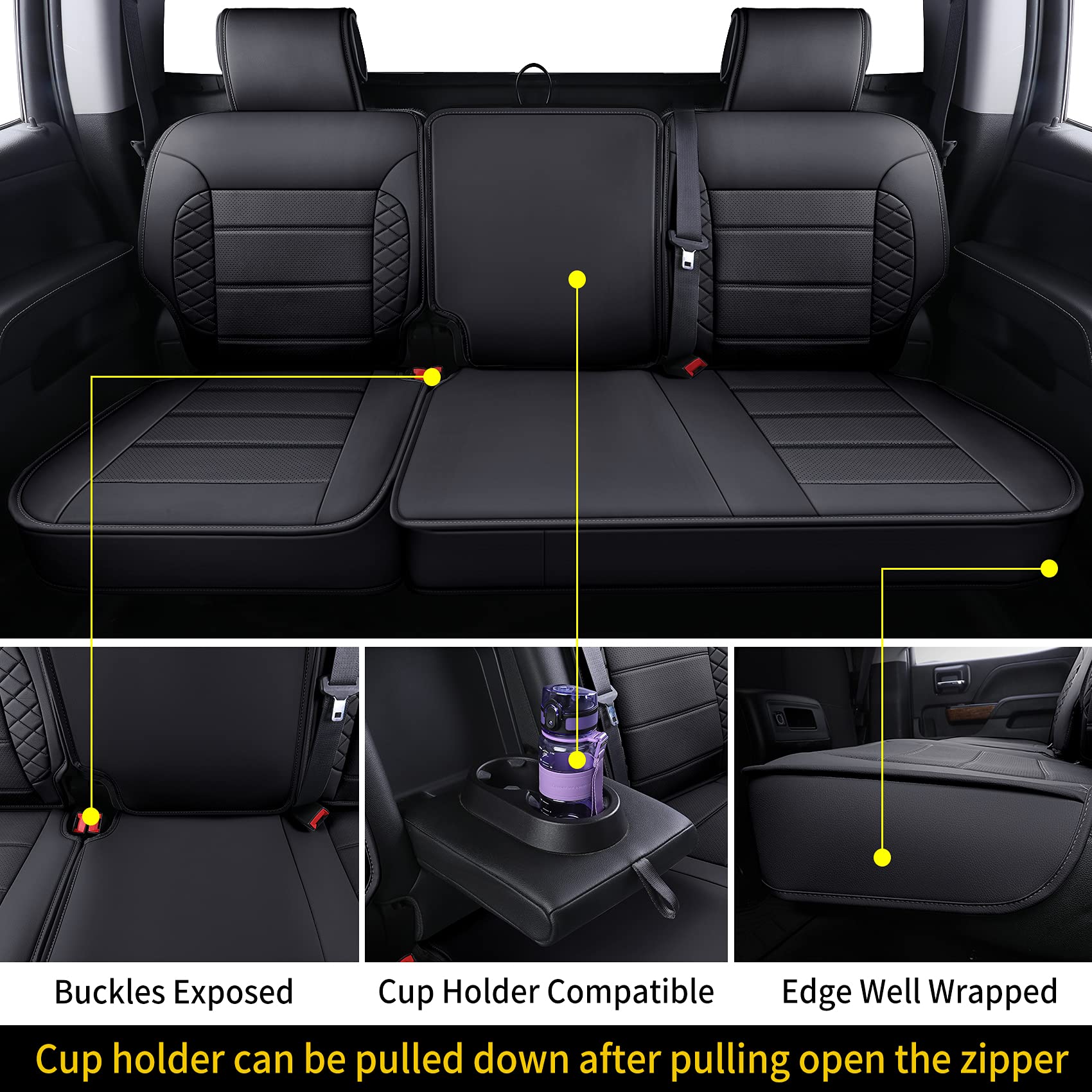 Luckyman Club D04-S2-3 Silverado Seat Covers, Fit For 2007-2013 Chevy Silverado Gmc Sierra 1500 2007-2014 2500/3500 Hd Crew Cab With Water Proof Faux Leather(Full Set, Black)